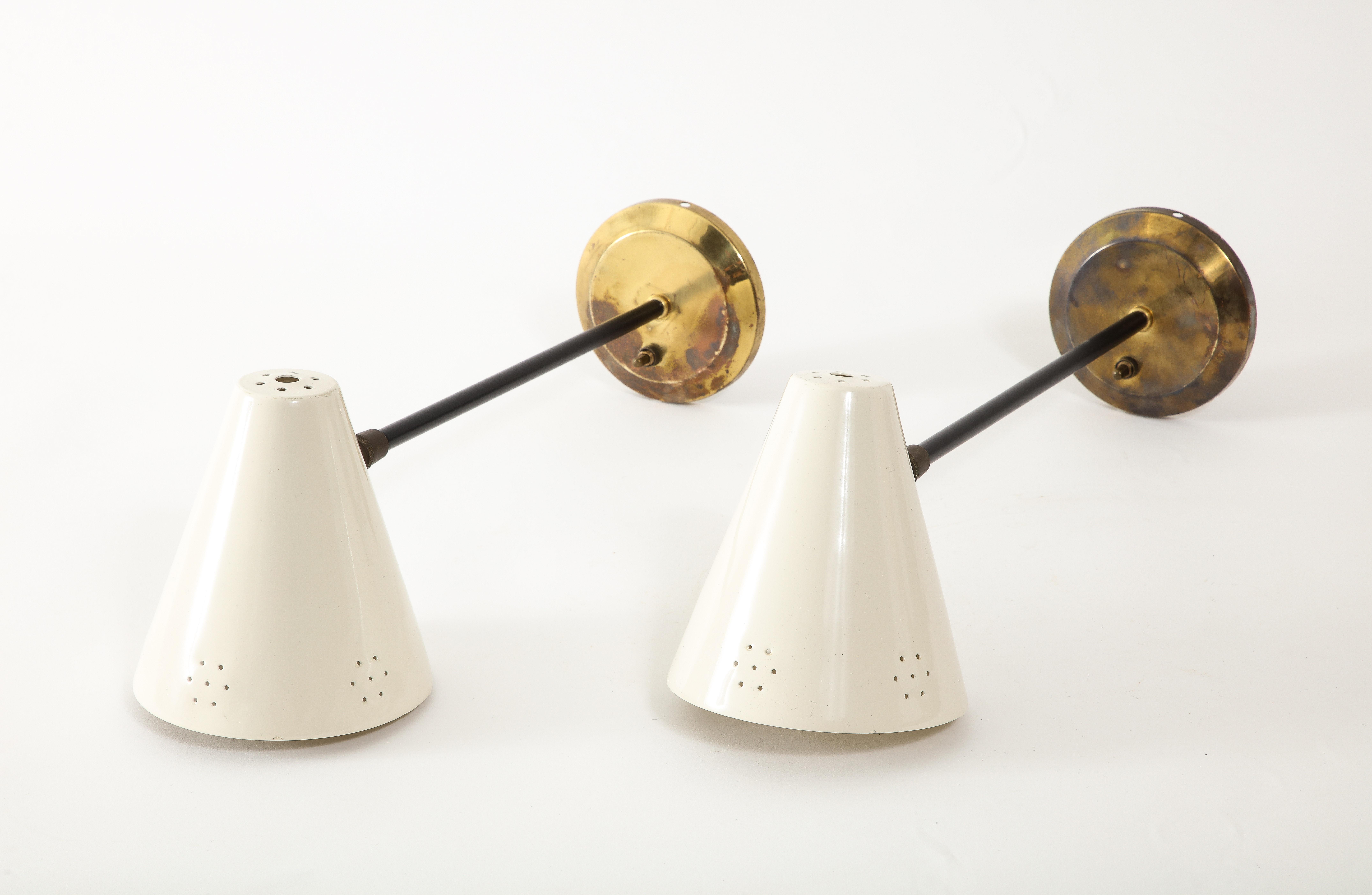 Aluminum & Brass White Wall Sconces, Italy 1960's For Sale 4