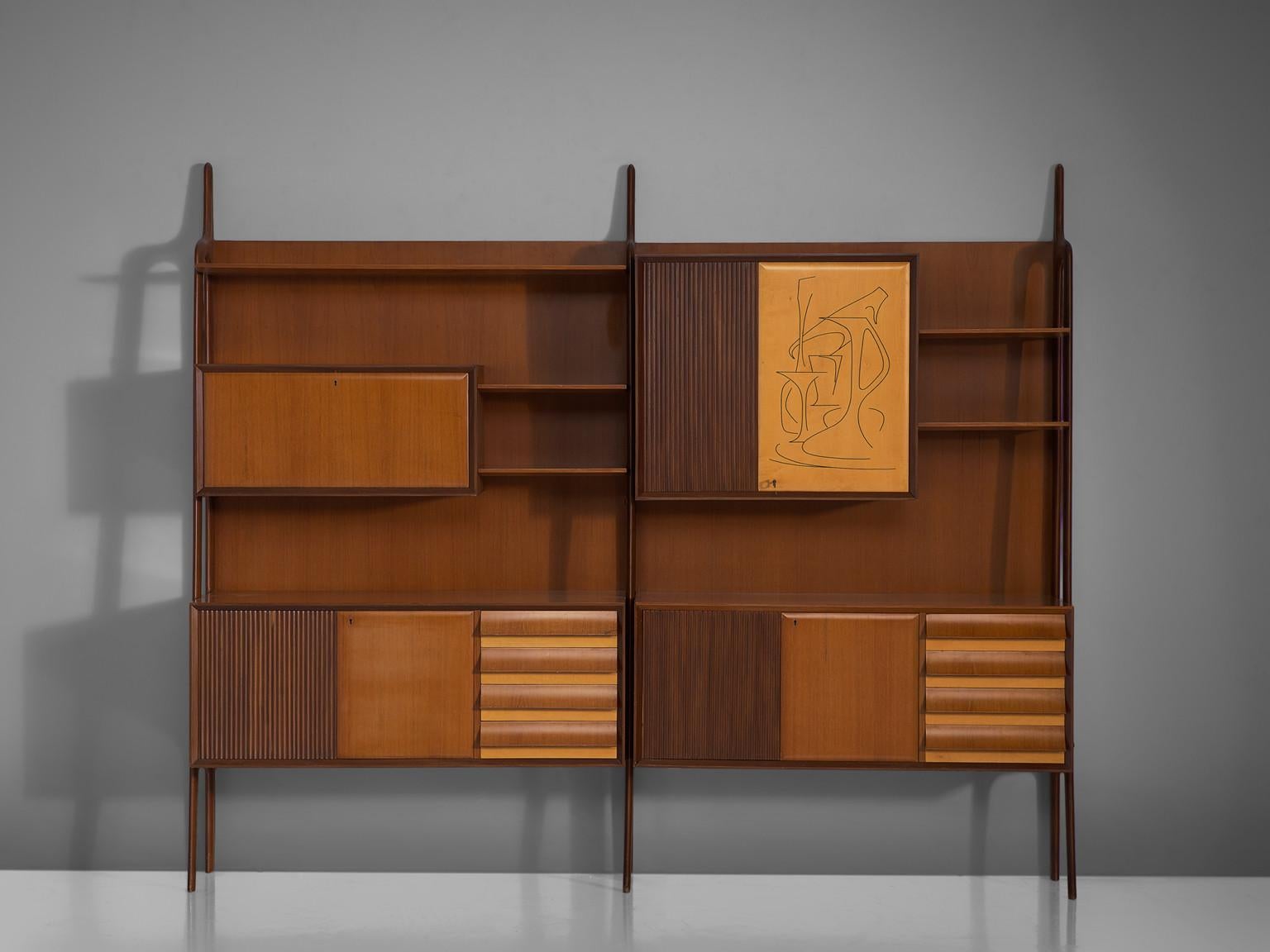 Mid-Century Modern Italian Wall Unit in Rosewood and Maple