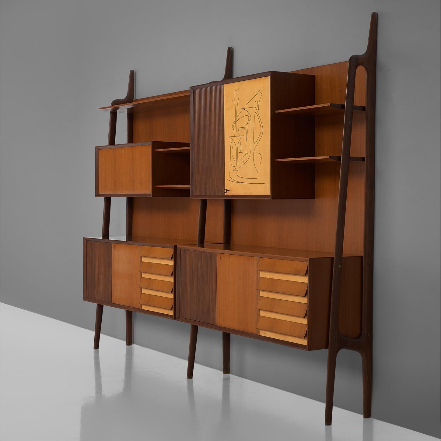 Mid-20th Century Italian Wall Unit in Rosewood and Maple