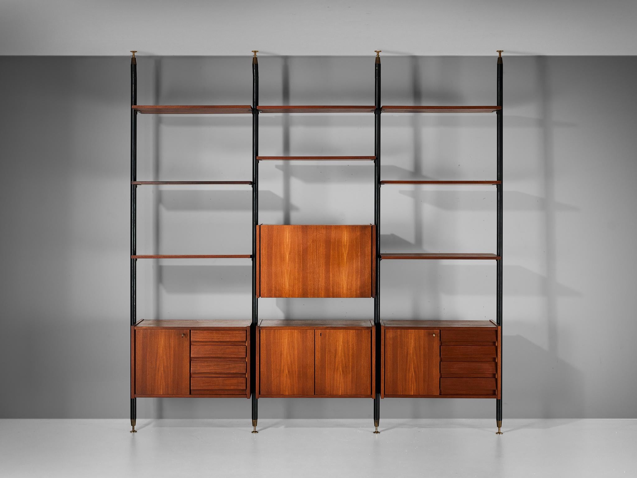 Mid-20th Century Italian Wall Unit in Teak, Metal and Brass