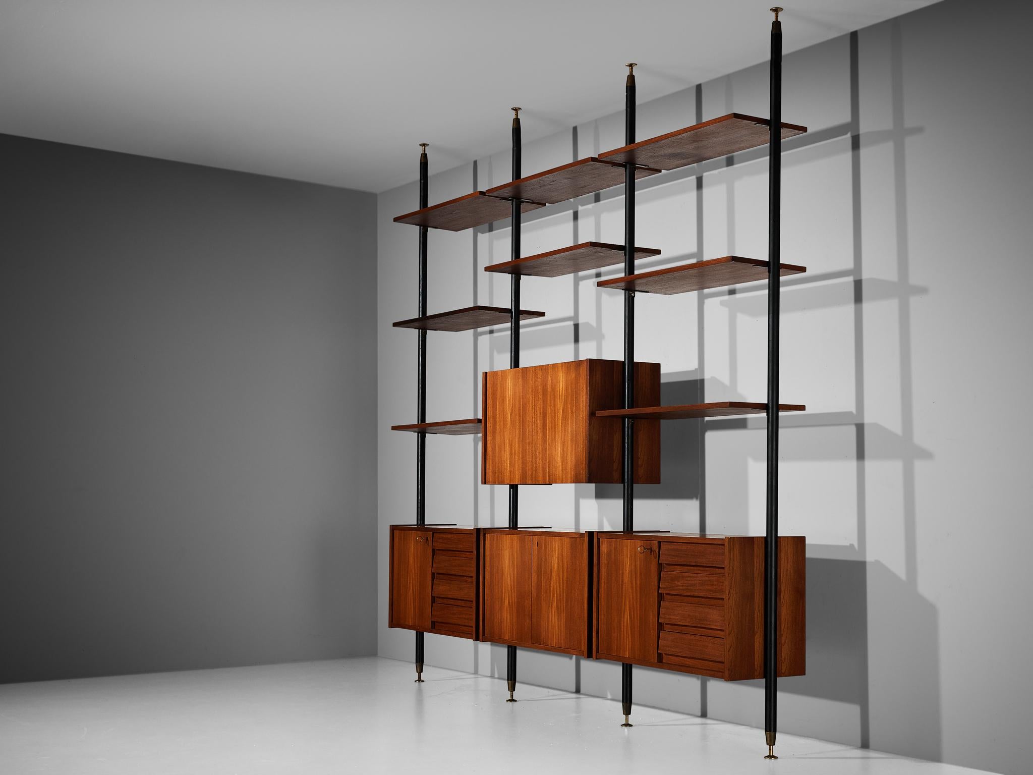 Italian Wall Unit in Teak, Metal and Brass 2