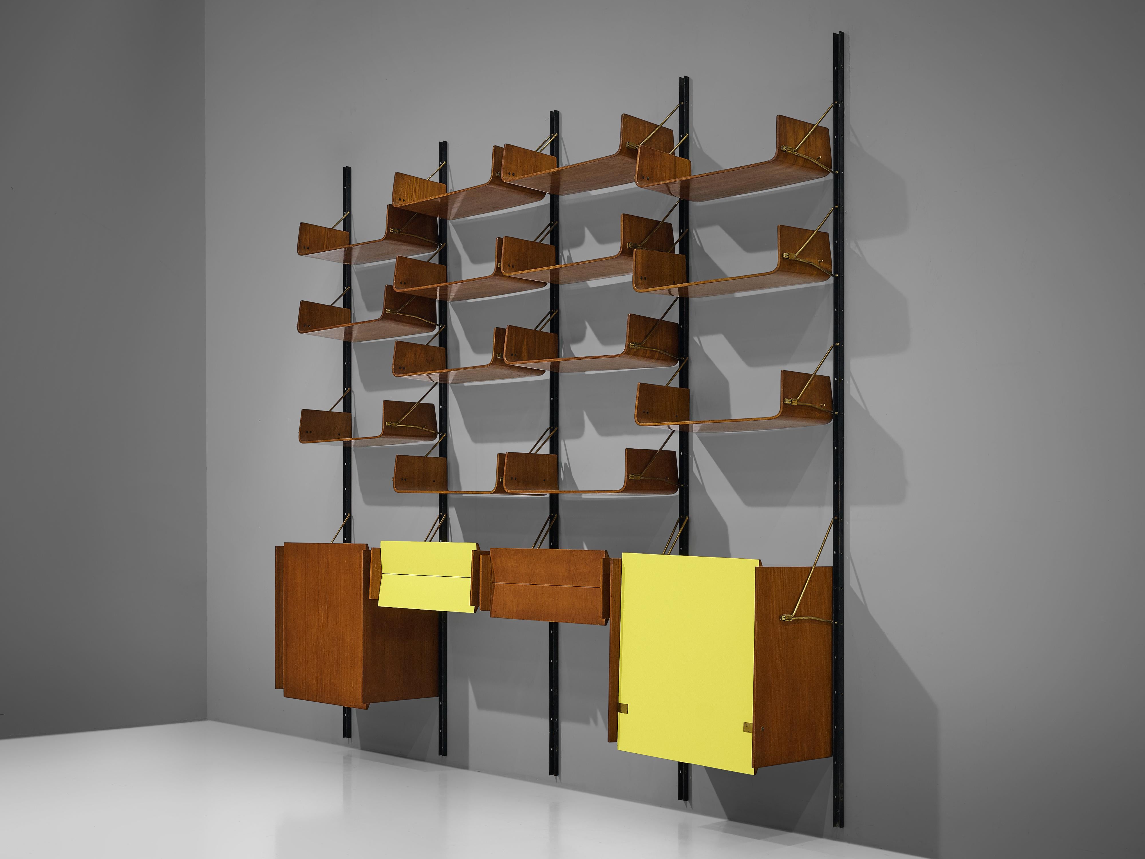 Italian Wall Unit with Cabinets in Walnut with Bright Yellow Panels  4