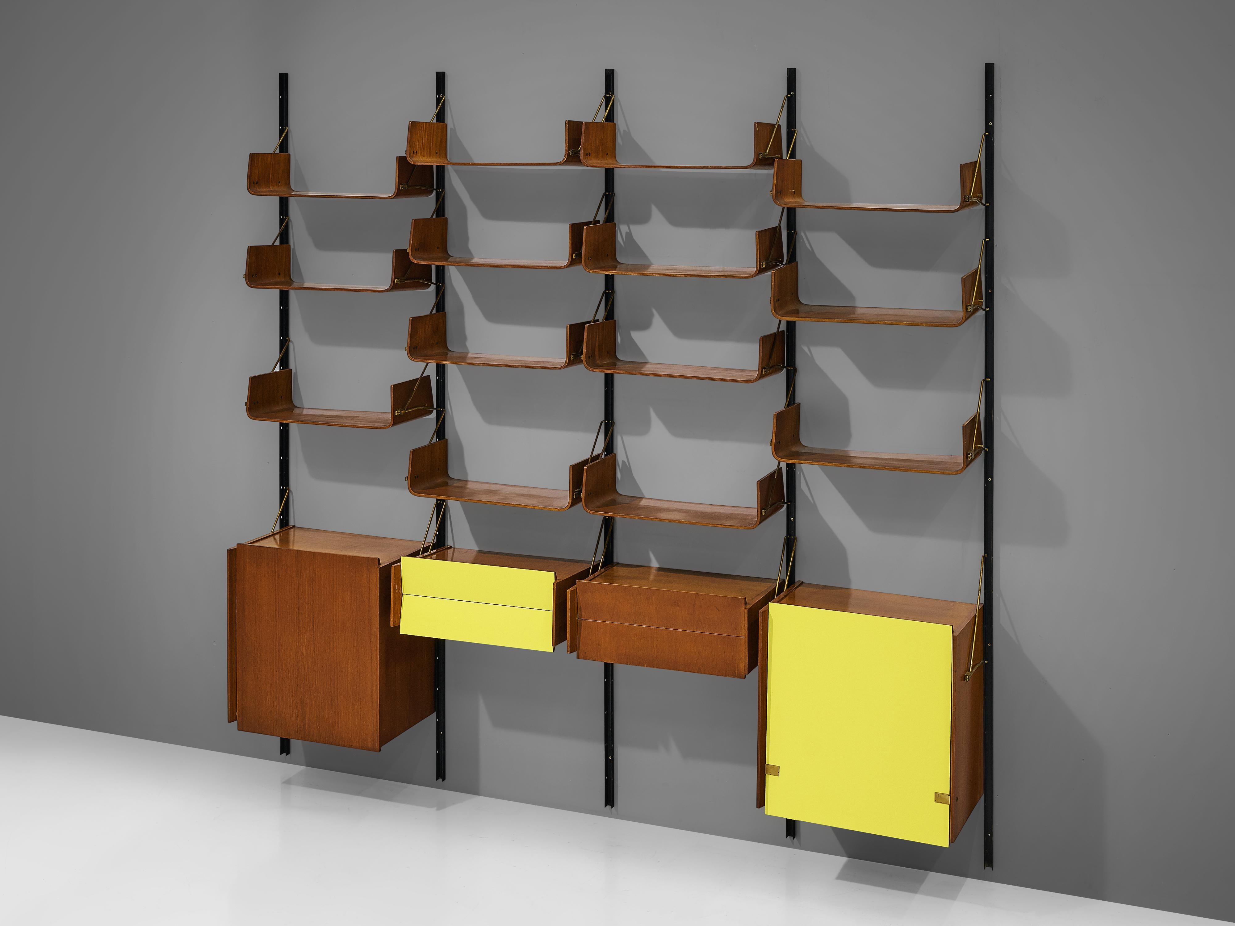 Italian Wall Unit with Cabinets in Walnut with Bright Yellow Panels  5