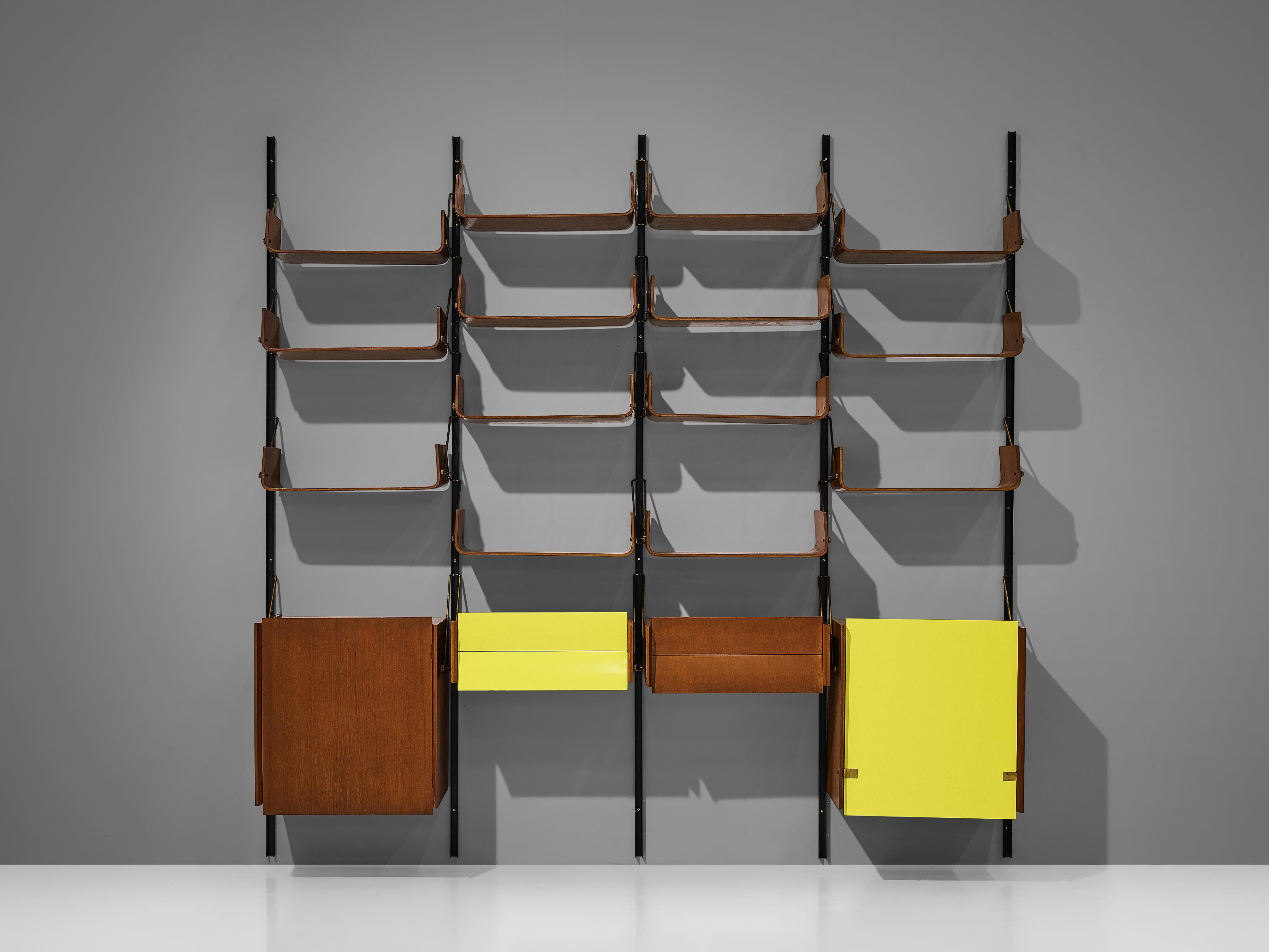 Italian Wall Unit with Cabinets in Walnut with Bright Yellow Panels  2