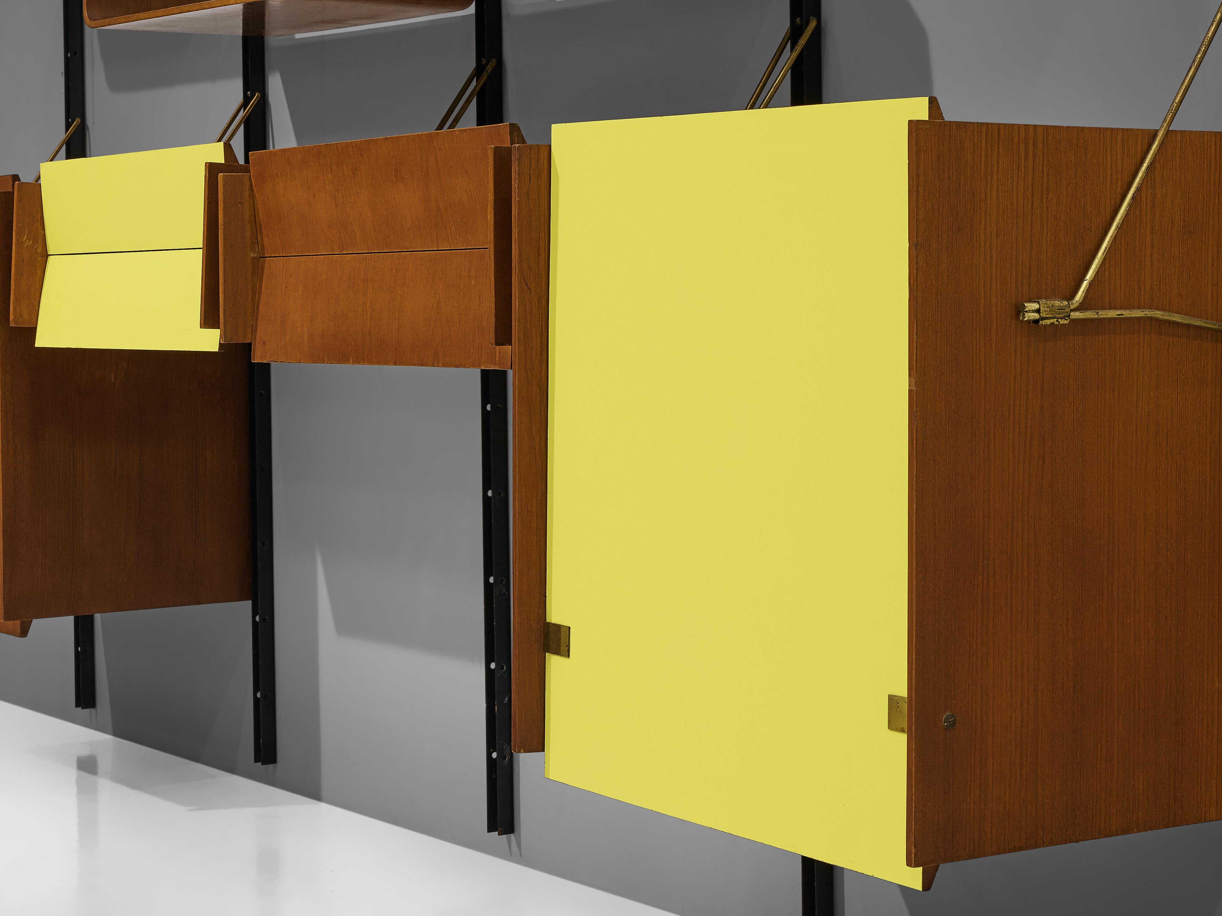 Italian Wall Unit with Cabinets in Walnut with Bright Yellow Panels  3