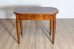 Italian Walnut 1890s Side Table with Oval Top, One Drawer and Cylindrical Legs