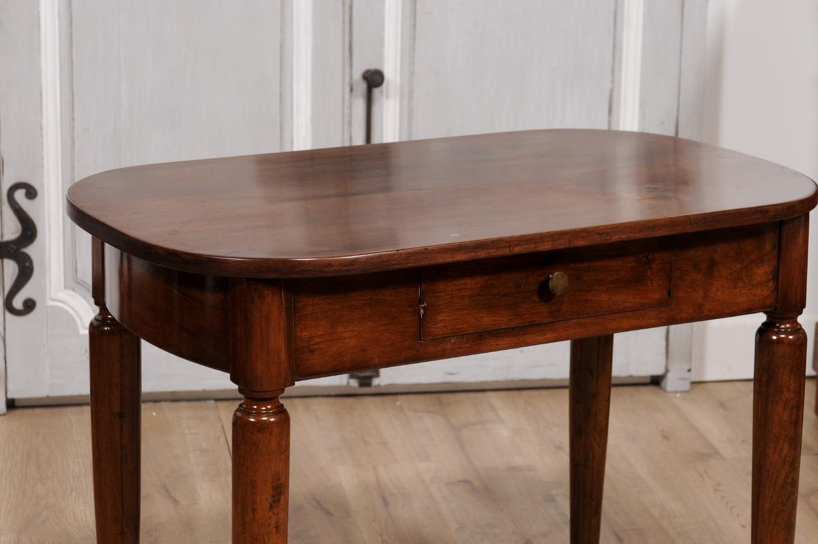 19th Century Italian Walnut 1890s Side Table with Oval Top, One Drawer and Cylindrical Legs For Sale