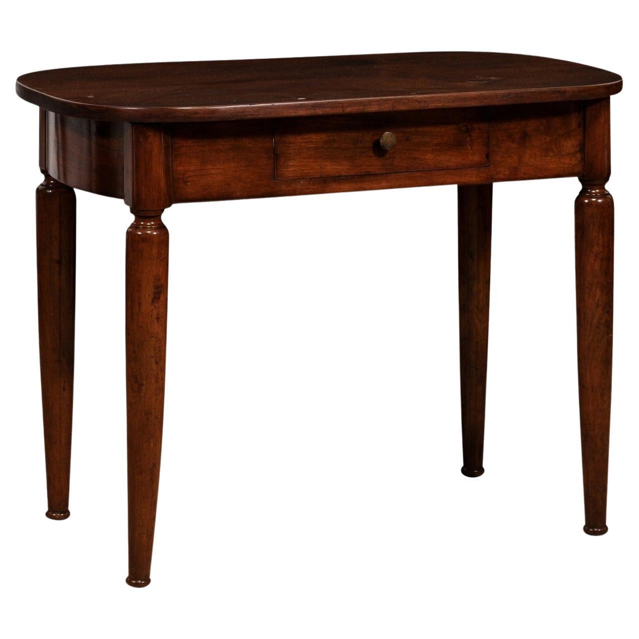 Italian Walnut 1890s Side Table with Oval Top, One Drawer and Cylindrical Legs For Sale