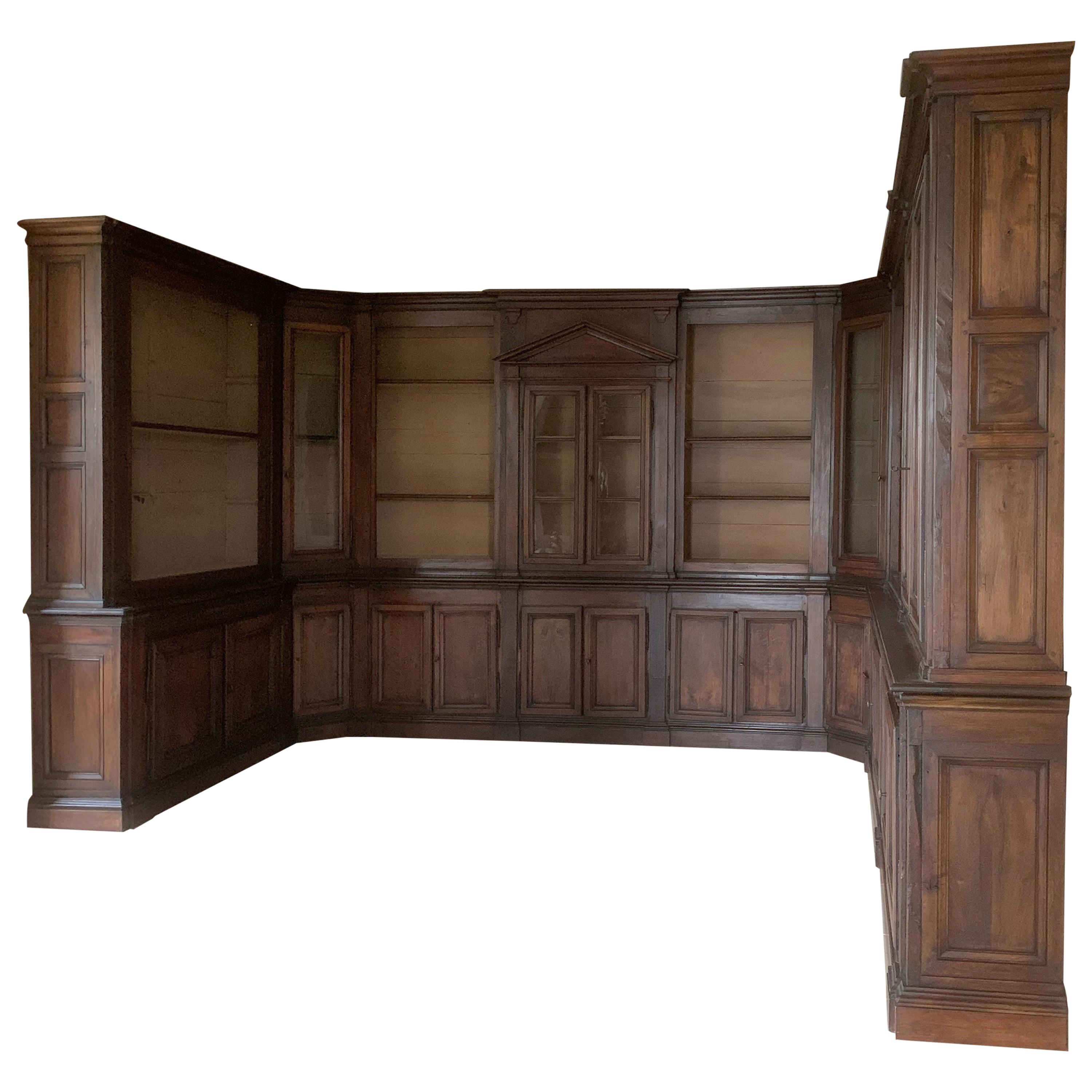 Italian Walnut 18th Century Library Bookcase Panneling For Sale