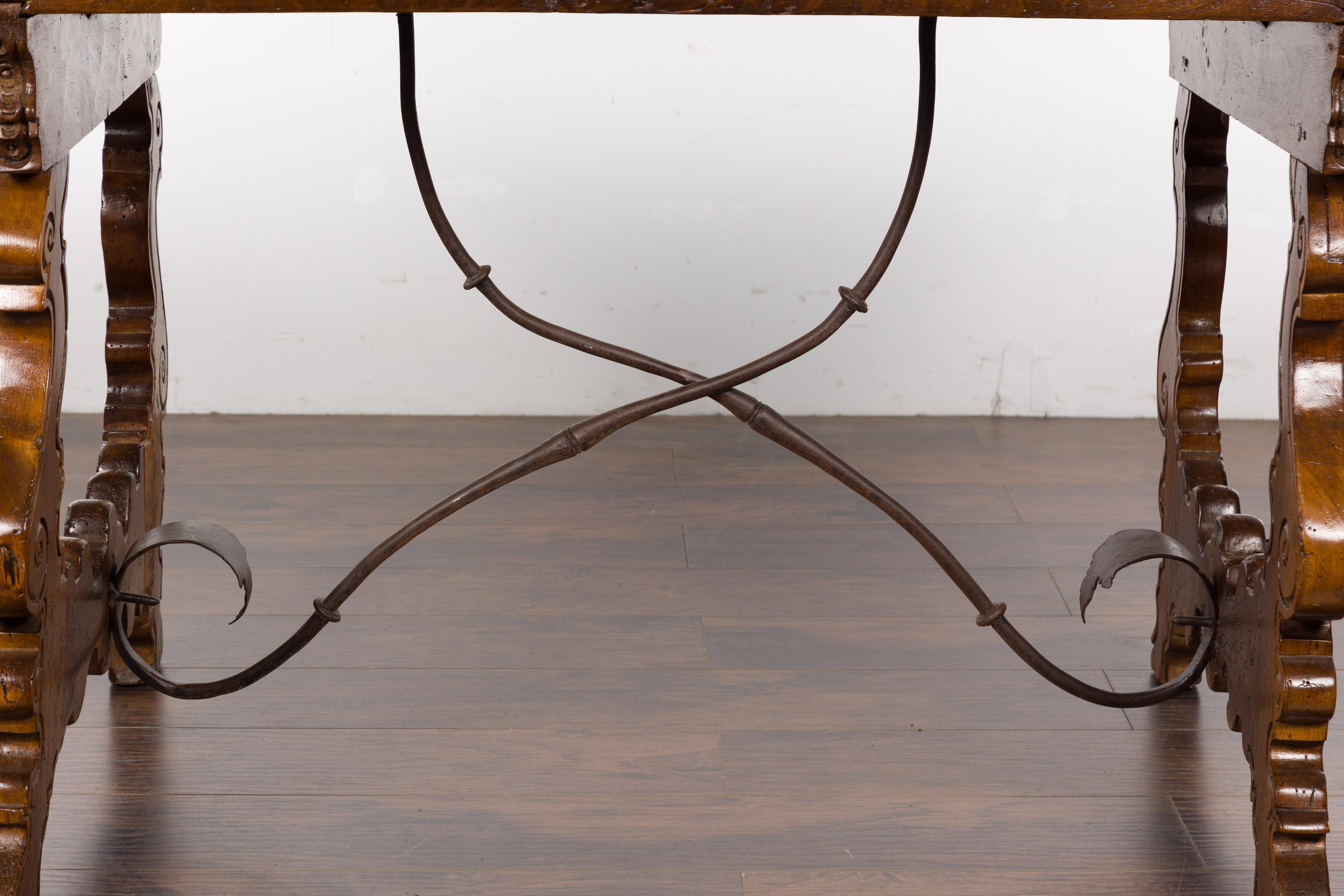 Carved Italian Walnut 19th Century Baroque Style Fratino Console Table with Lyre Base For Sale