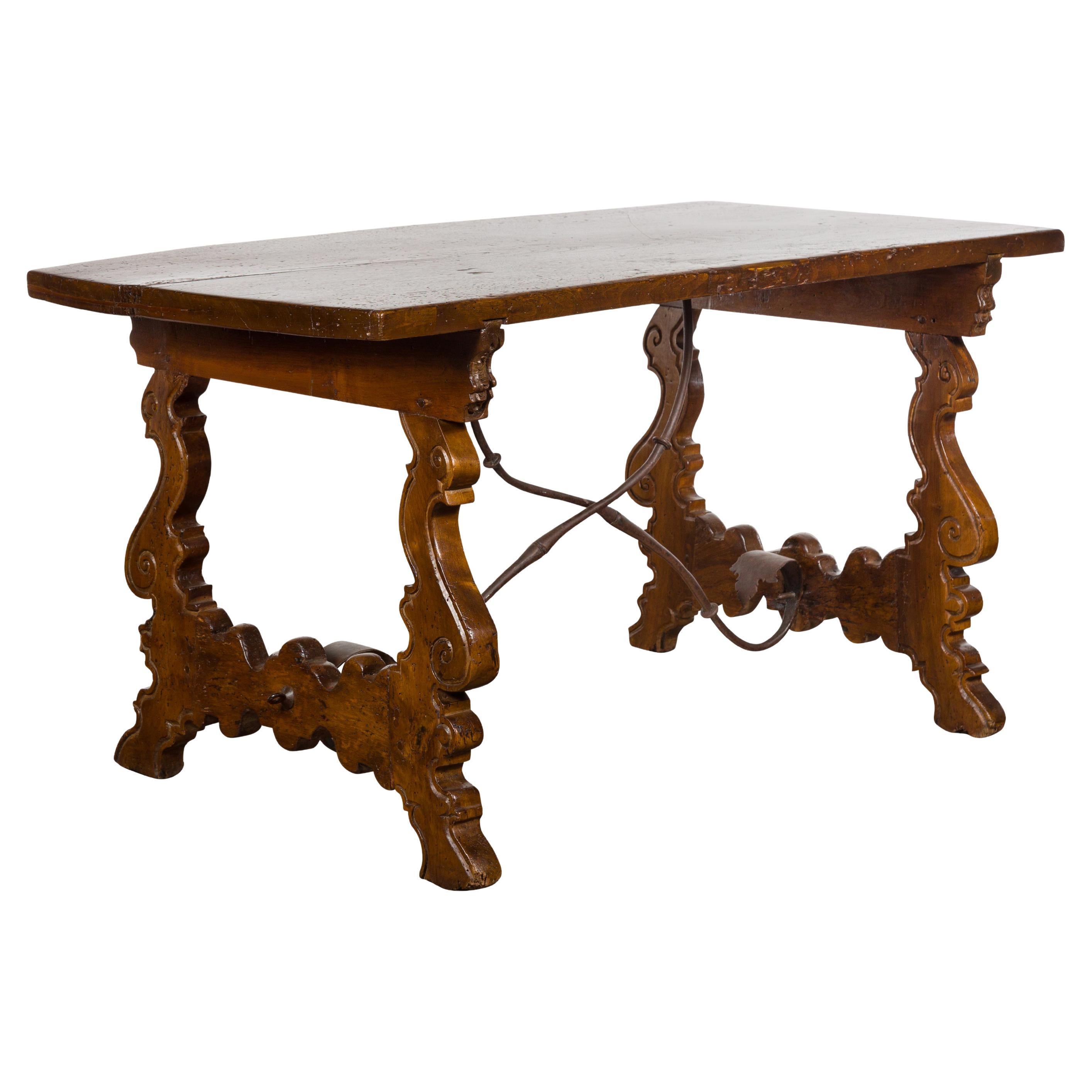 Italian Walnut 19th Century Baroque Style Fratino Console Table with Lyre Base For Sale