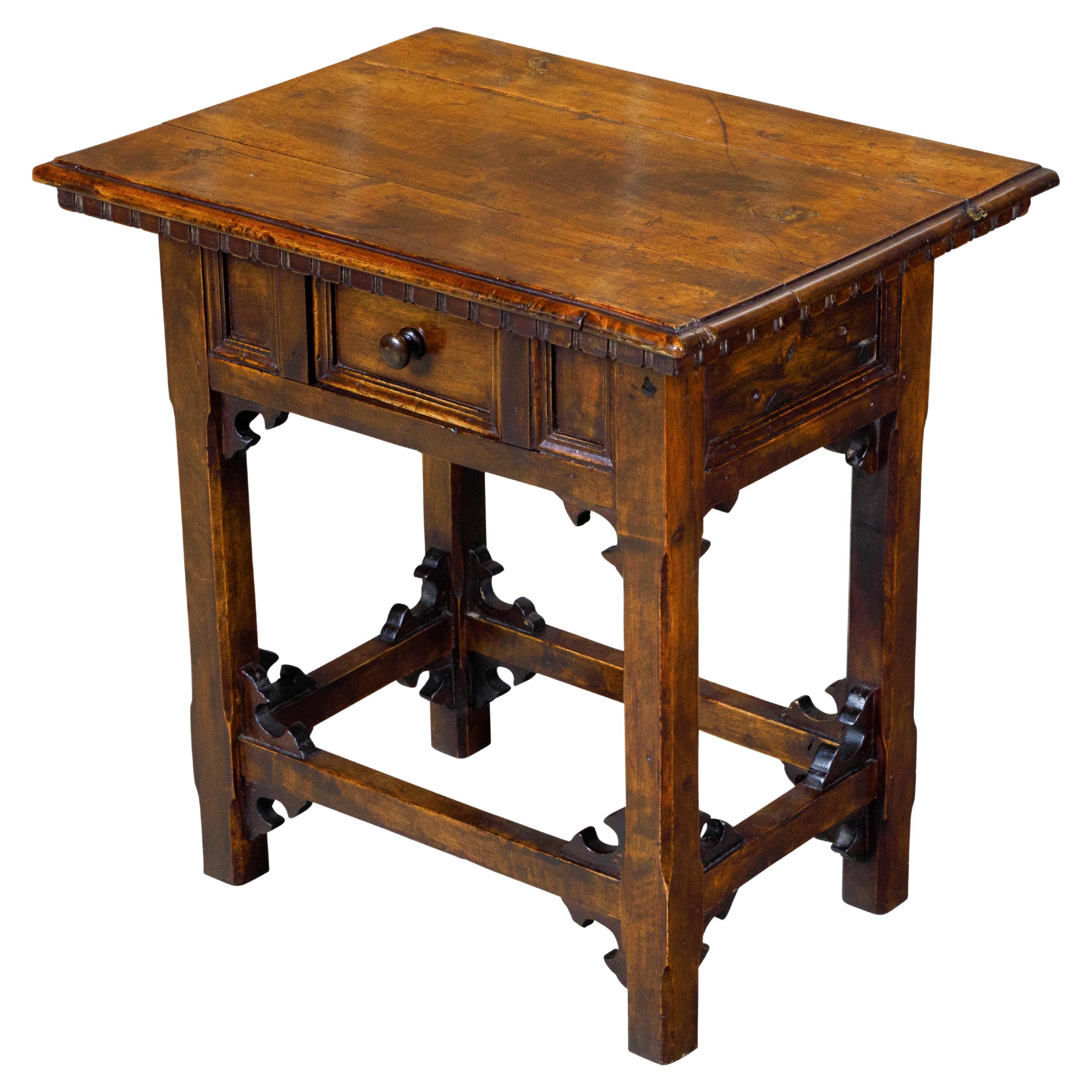 Italian Walnut 19th Century Side Table with Single Drawer and Carved Spandrels