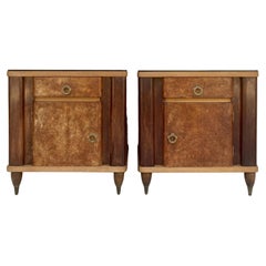 Retro Italian Walnut and Beech Wood Nightstands with Black Glass, 1940s, Set of 2