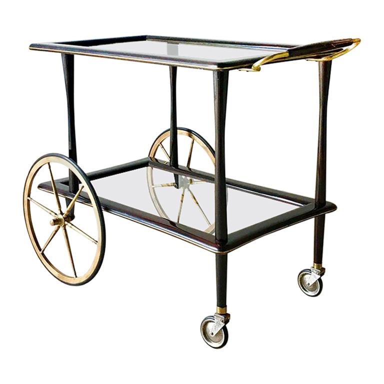 Italian Walnut and Brass Barcart, 1960s For Sale