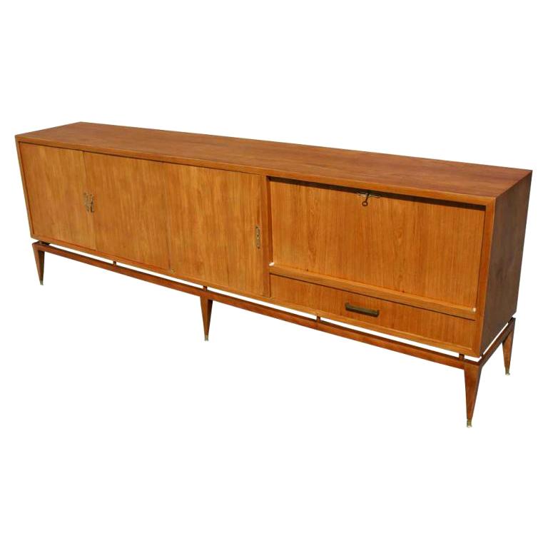 Italian Walnut and Brass Buffet Sideboard With Bar