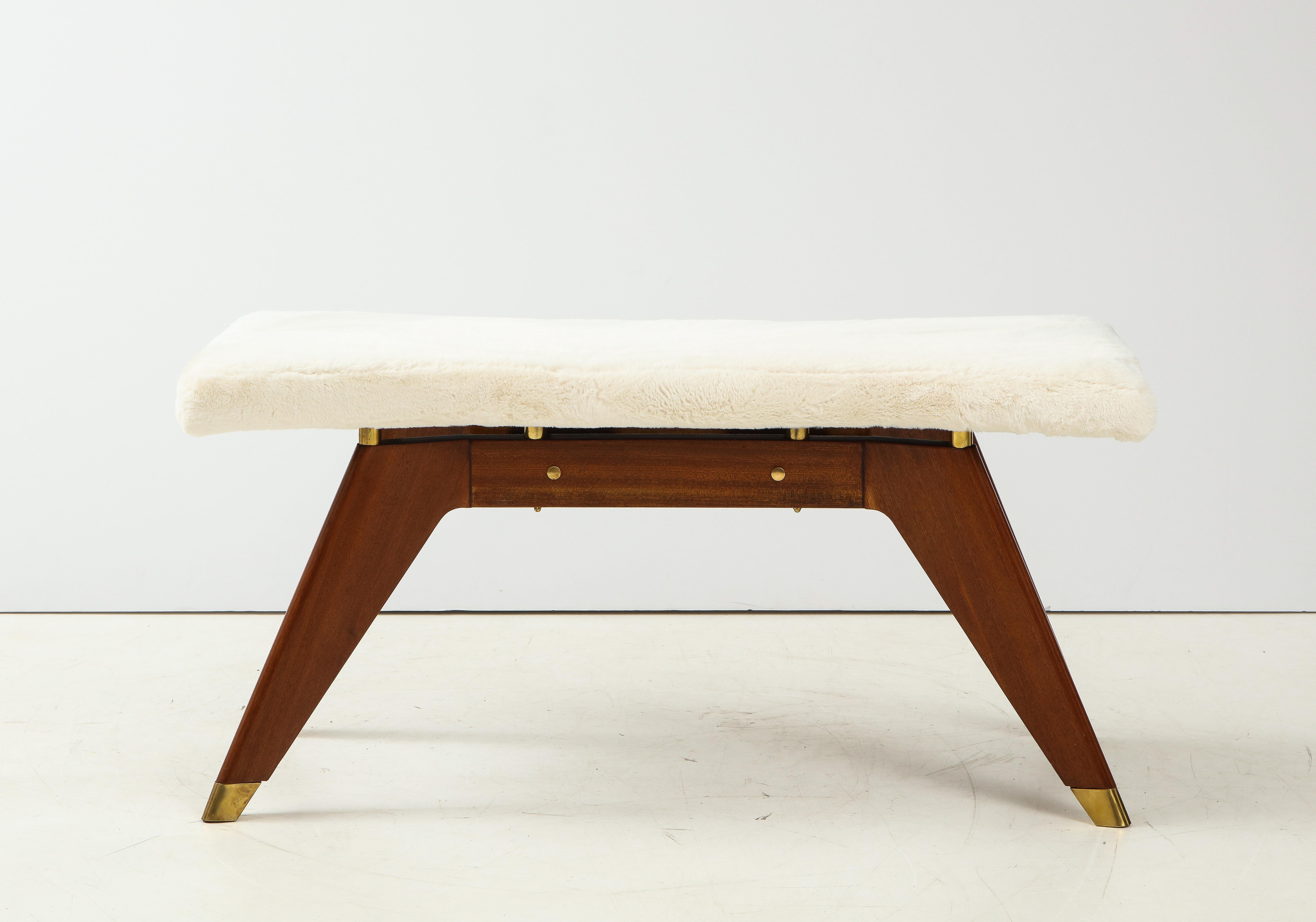 Italian Walnut and Brass Long Bench with Shaped Upholstered Seat For Sale 8