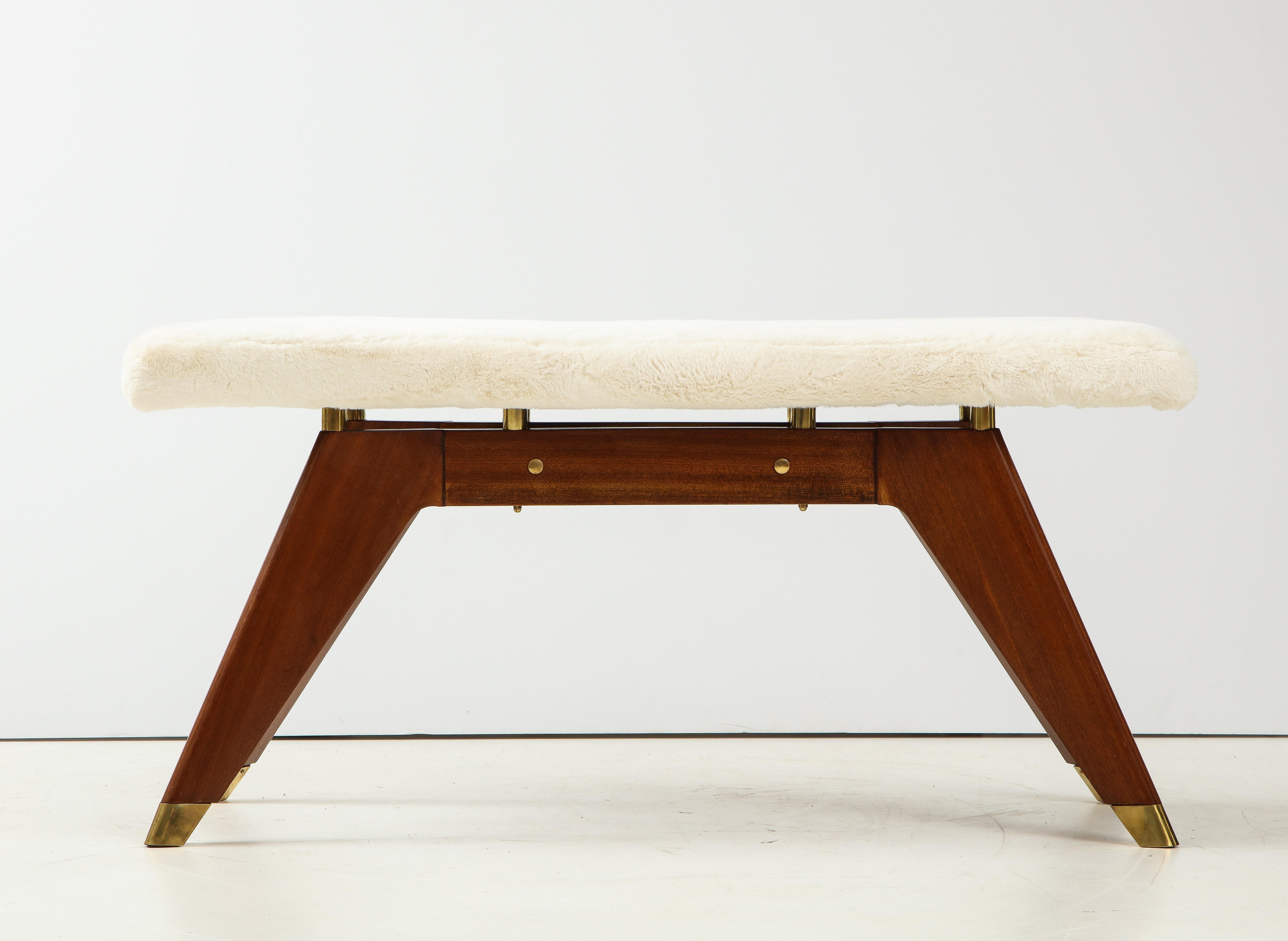 Italian Walnut and Brass Long Bench with Shaped Upholstered Seat For Sale 9