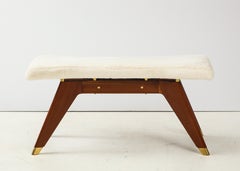 Italian Walnut and Brass Long Bench with Shaped Upholstered Seat