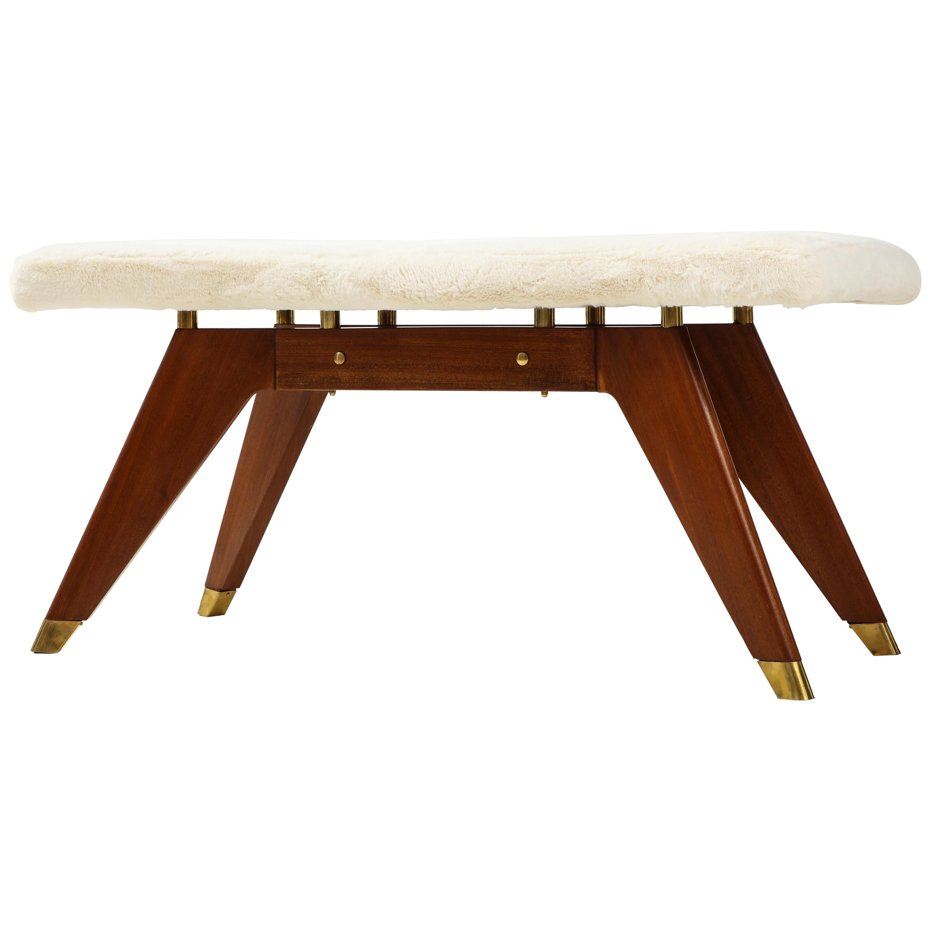 Italian Walnut and Brass Long Bench with Shaped Upholstered Seat