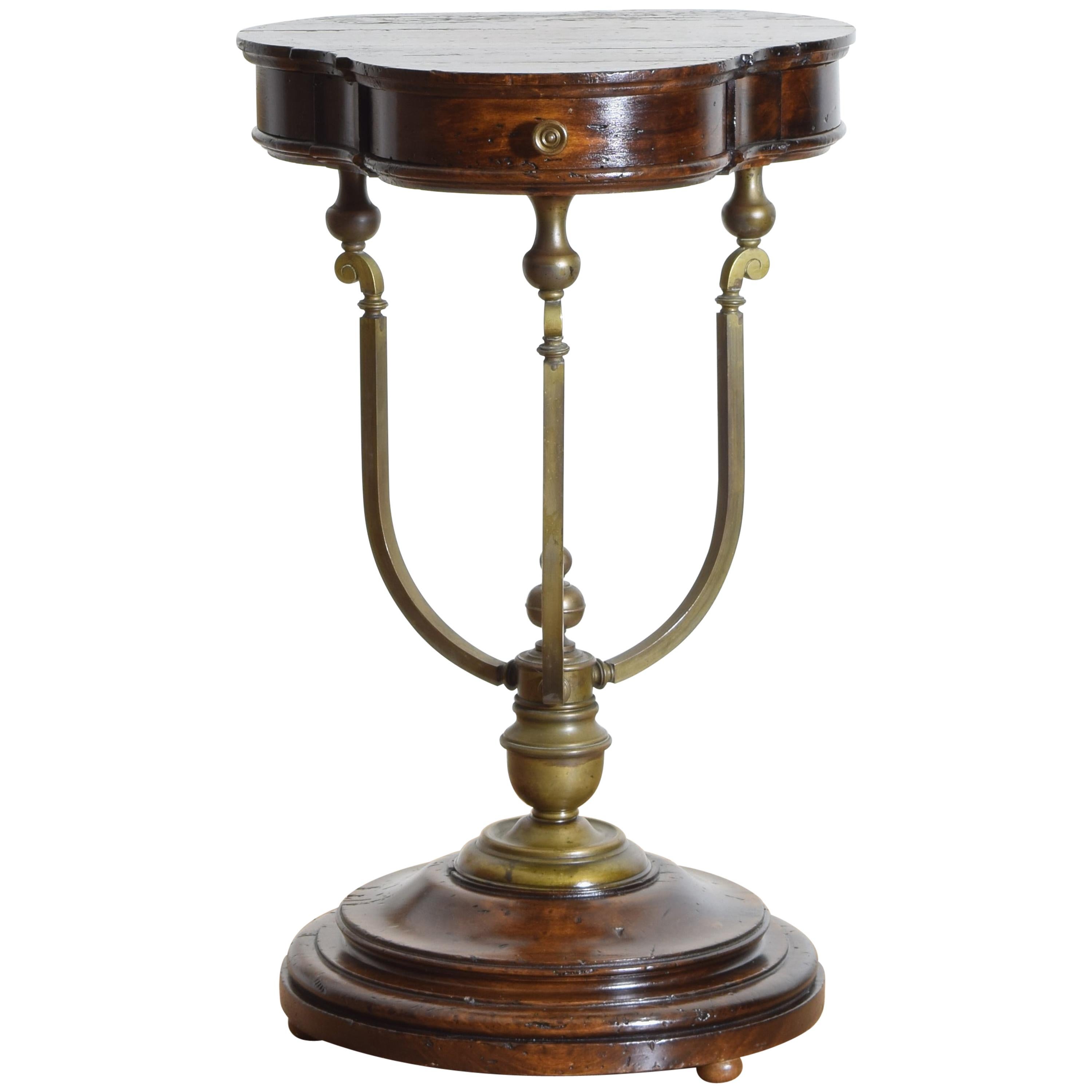 Italian Walnut and Brass Trefoil Shaped 3-Drawer Table, Early 20th Century
