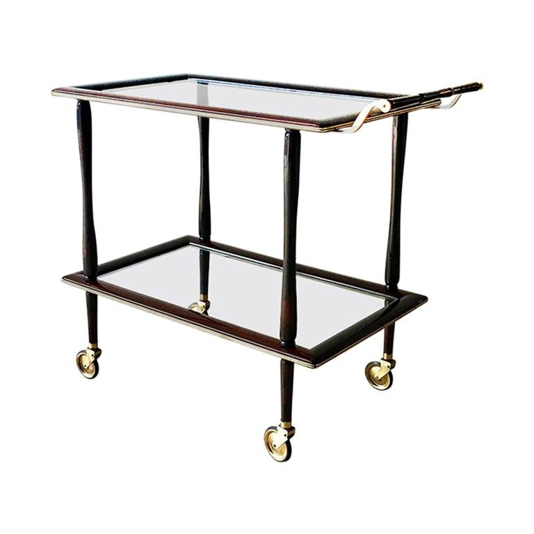 Italian Walnut and Brass Two-Tiered Barcart, 1960s