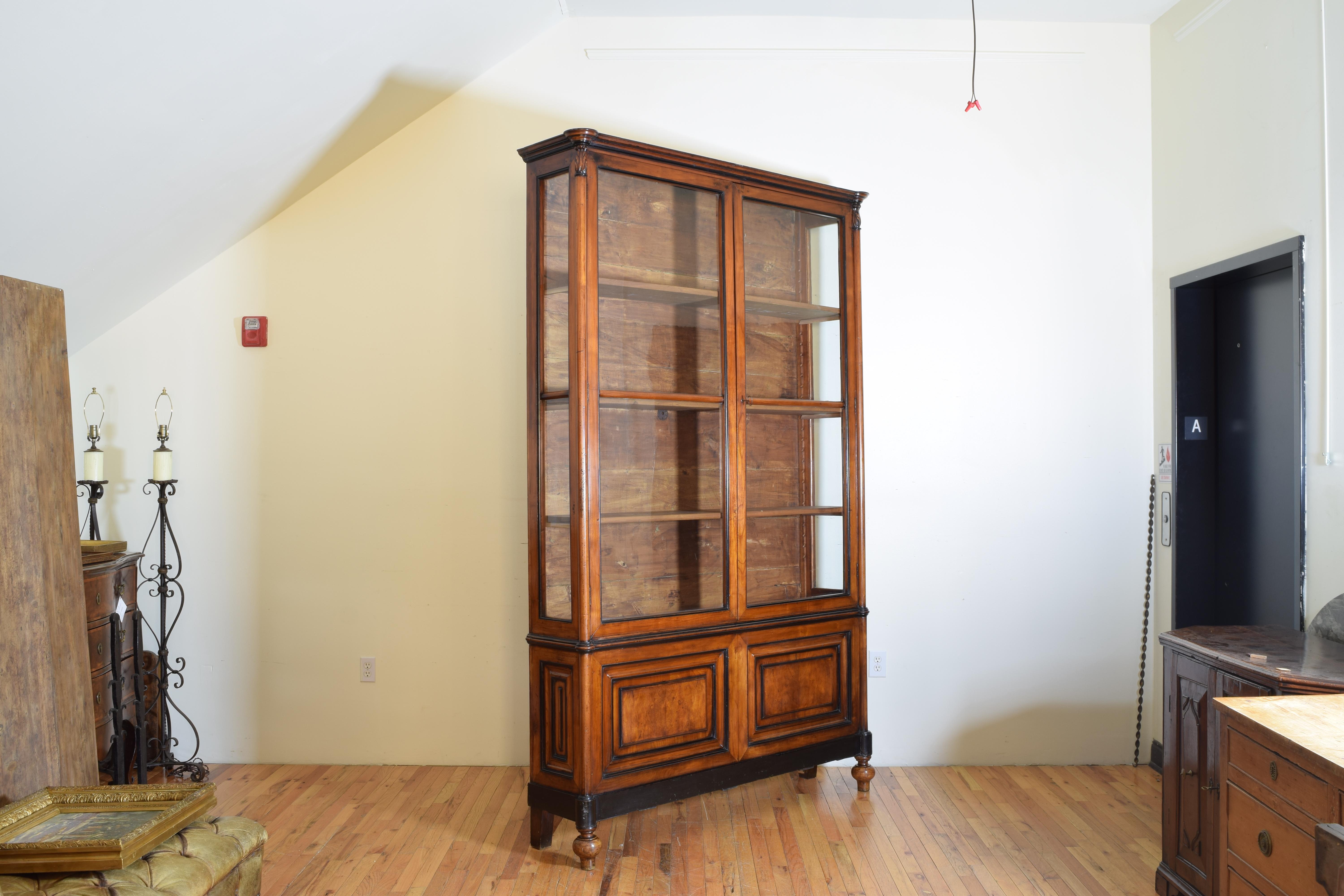 Victorian Italian Walnut and Ebonized Tall 2-Piece Bookcase Cabinet, Mid-19th Century
