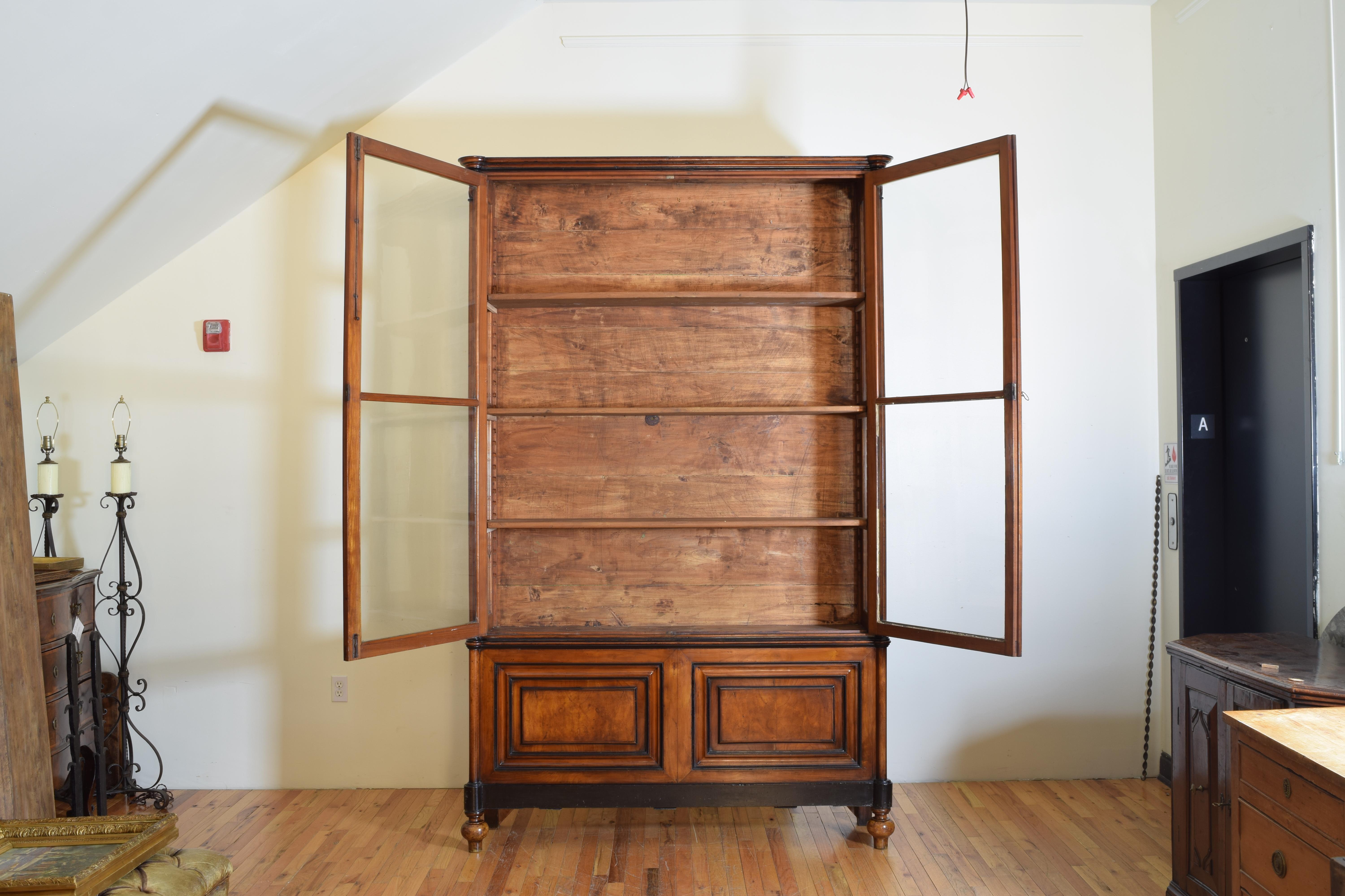 English Italian Walnut and Ebonized Tall 2-Piece Bookcase Cabinet, Mid-19th Century