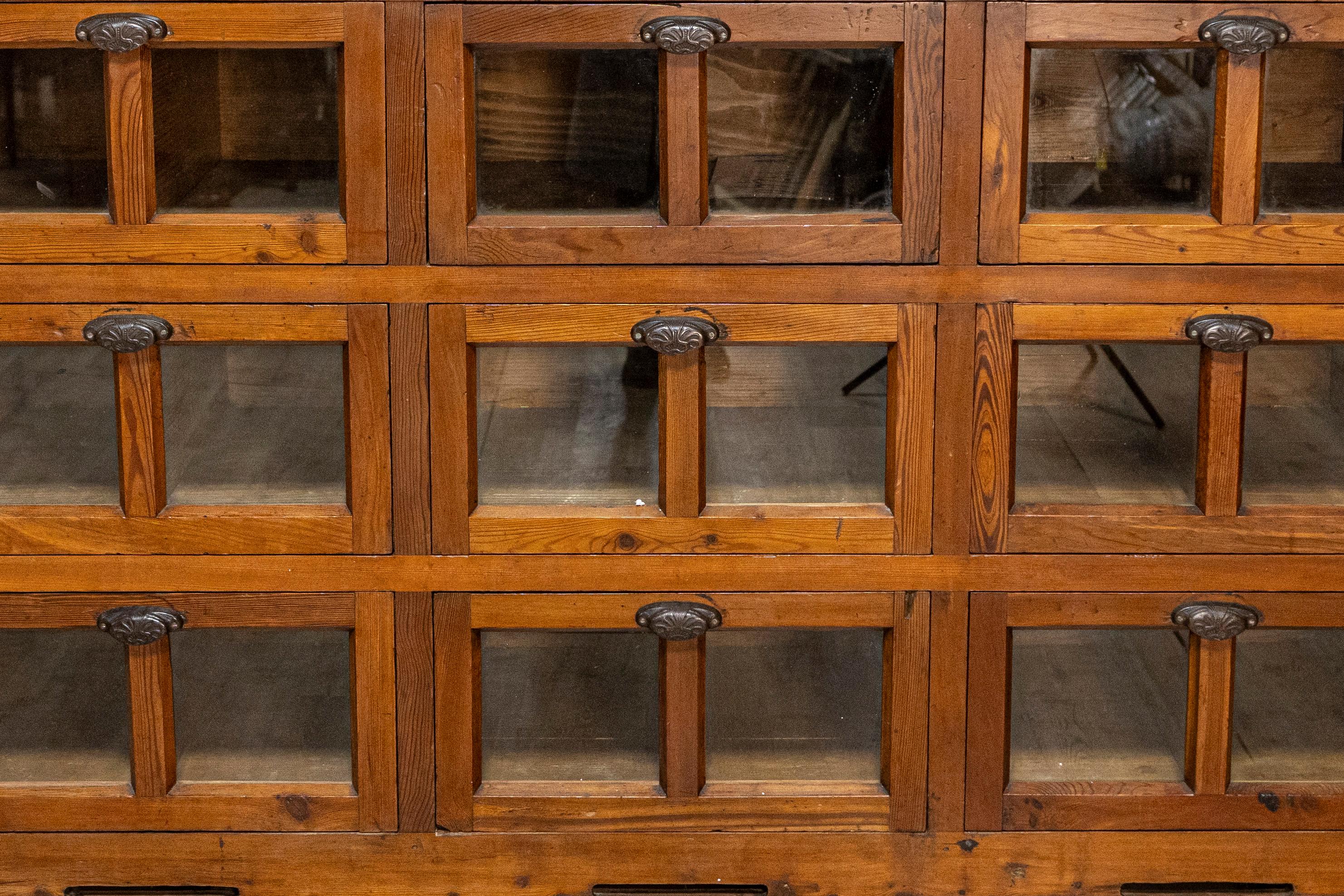 Italian Walnut and Iron Pastaia Shop Cabinet with Nine Drawers and Glass Panels In Good Condition For Sale In Atlanta, GA