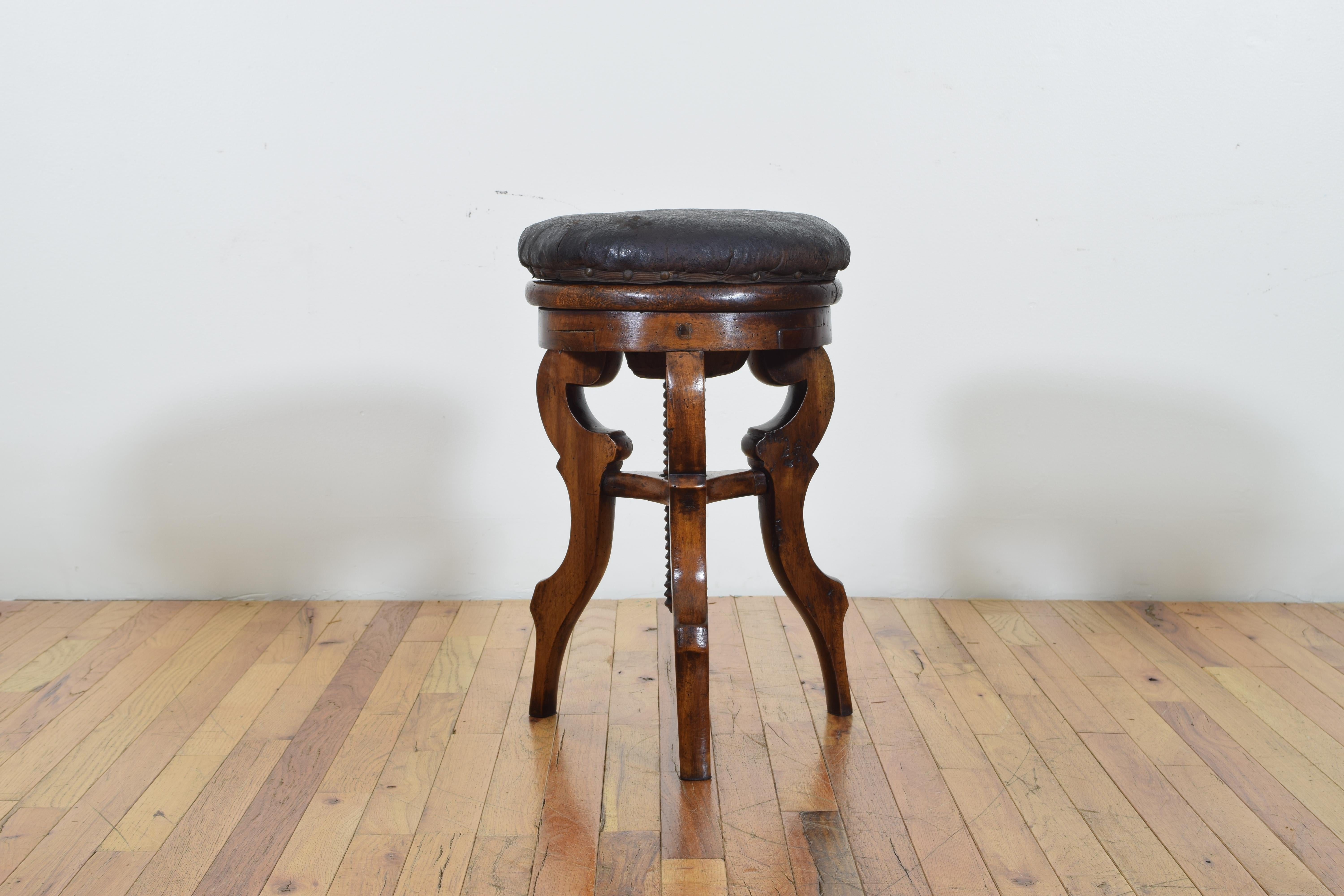 Hand-Carved Italian Walnut and Leather Upholstered Adjustable Stool, Mid-19th Century