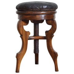 Antique Italian Walnut and Leather Upholstered Adjustable Stool, Mid-19th Century