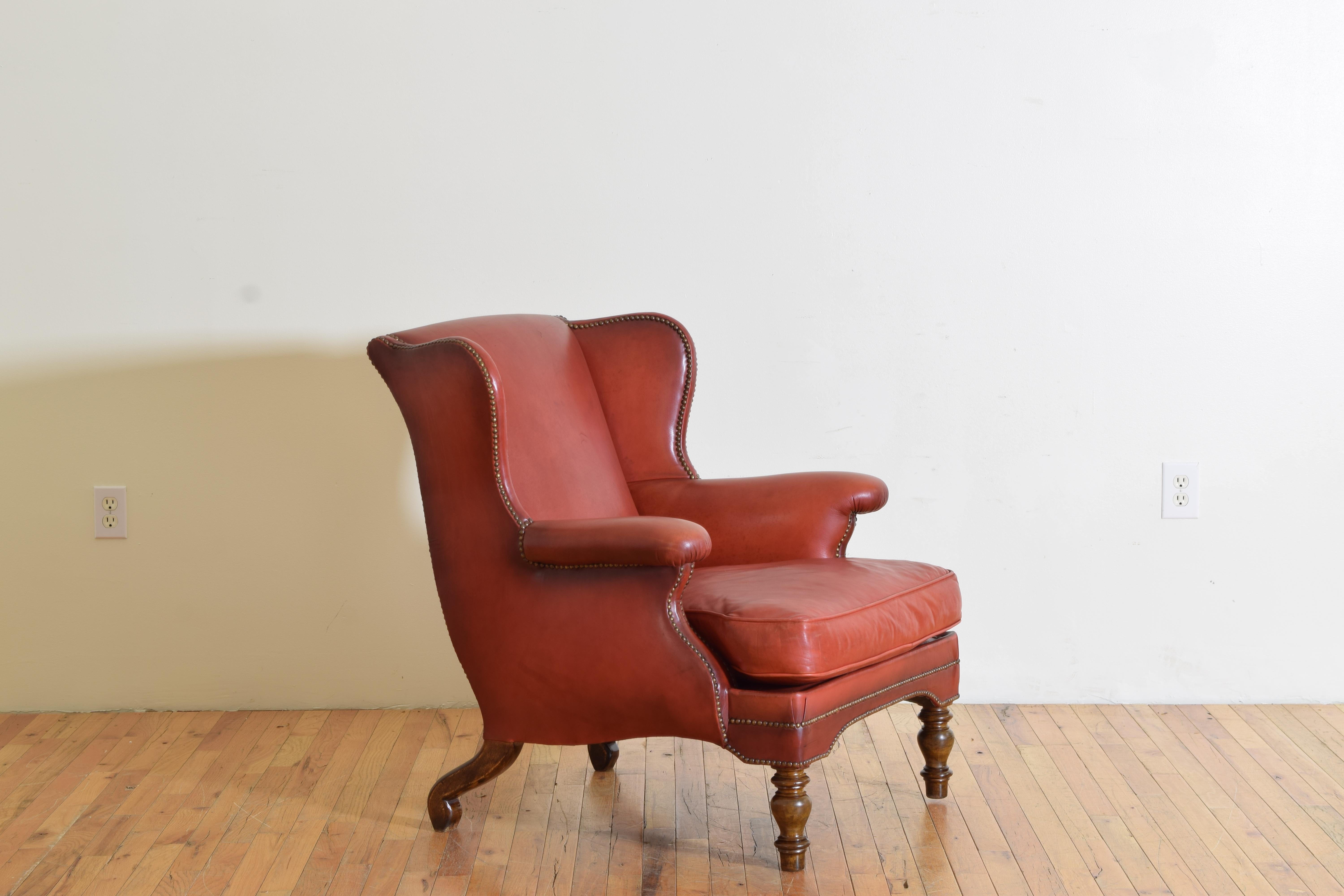 Italian Walnut and Leather Upholstered Wingchair, mid 20th century In Excellent Condition In Atlanta, GA
