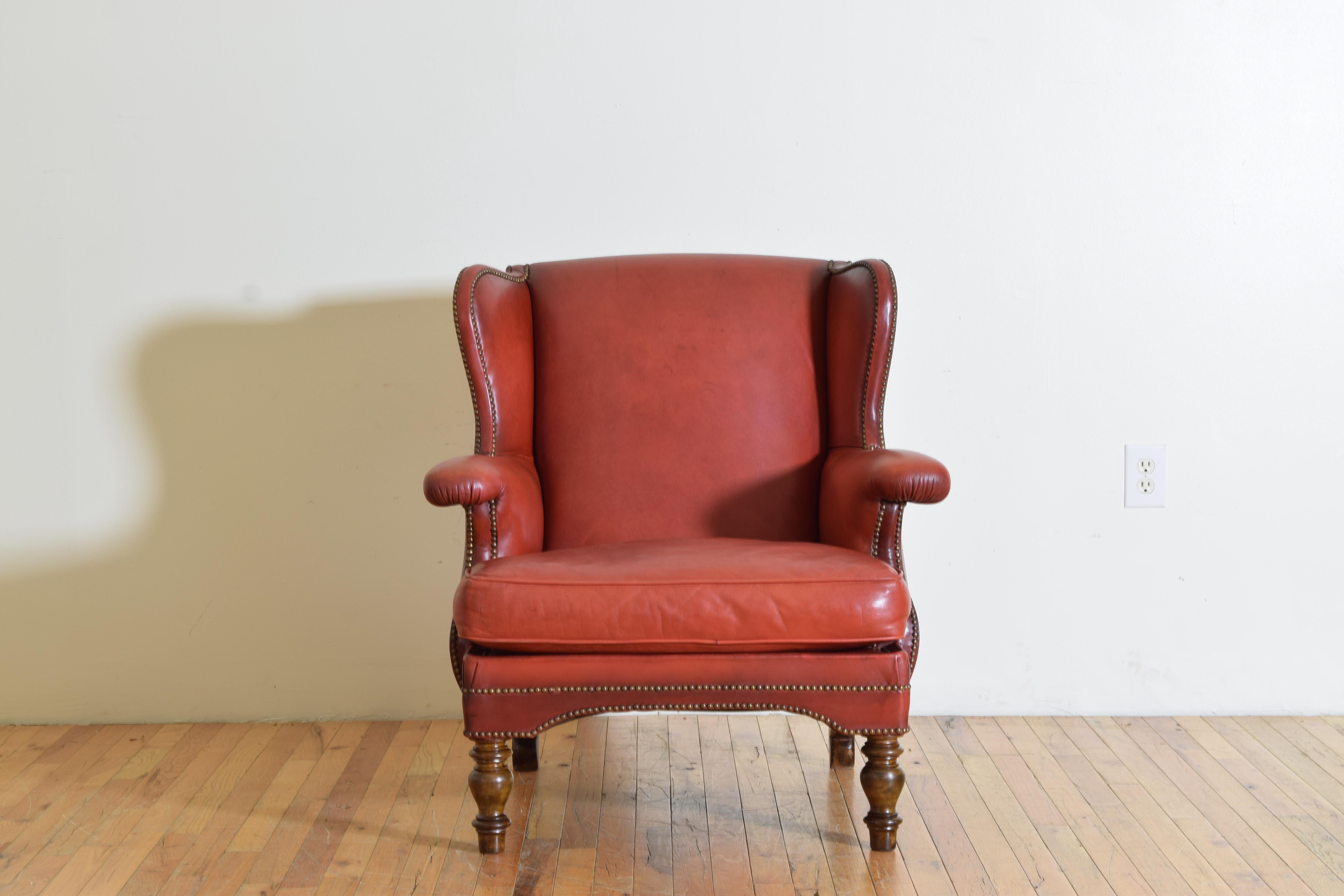 20th Century Italian Walnut and Leather Upholstered Wingchair, mid 20th century