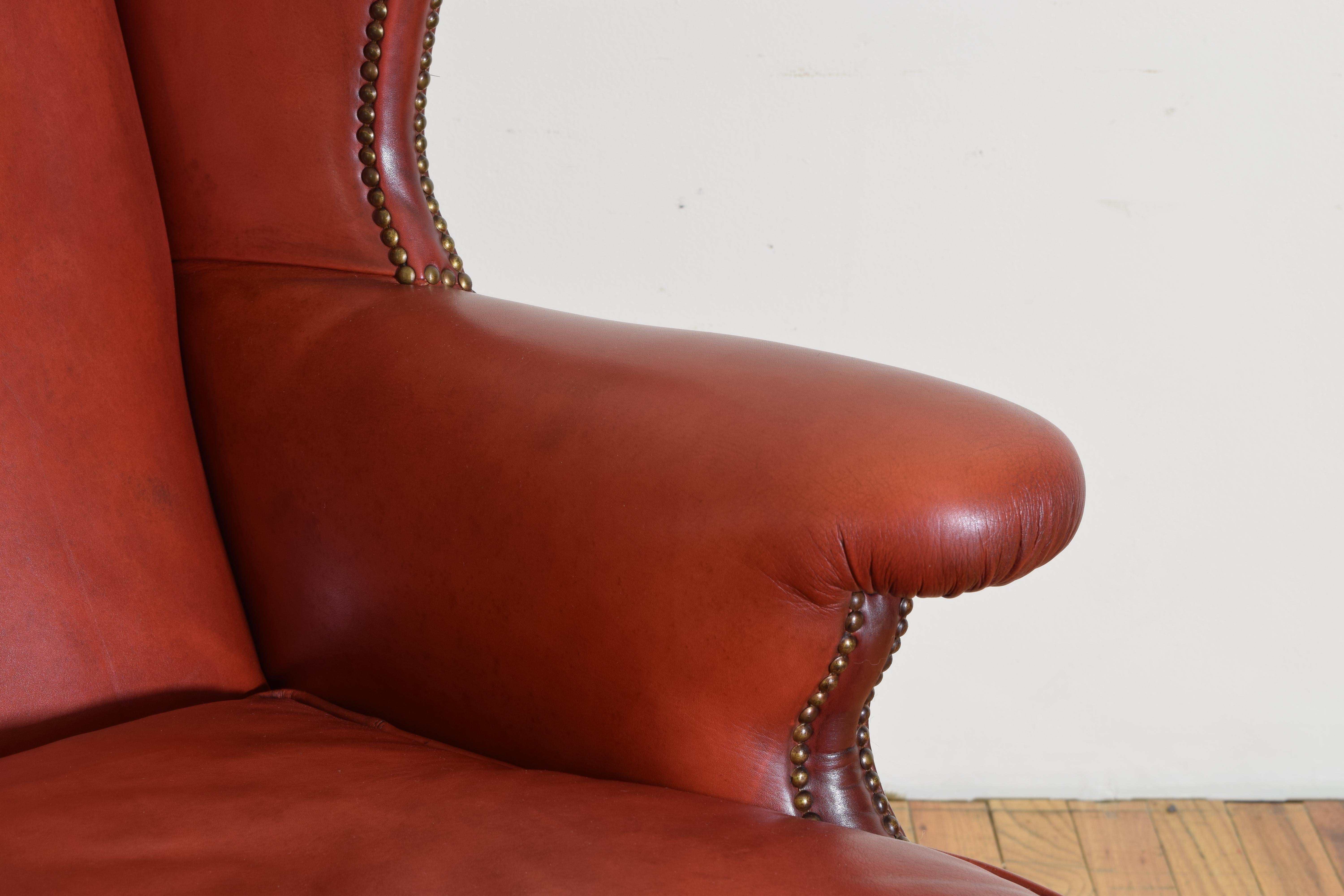 Italian Walnut and Leather Upholstered Wingchair, mid 20th century 3