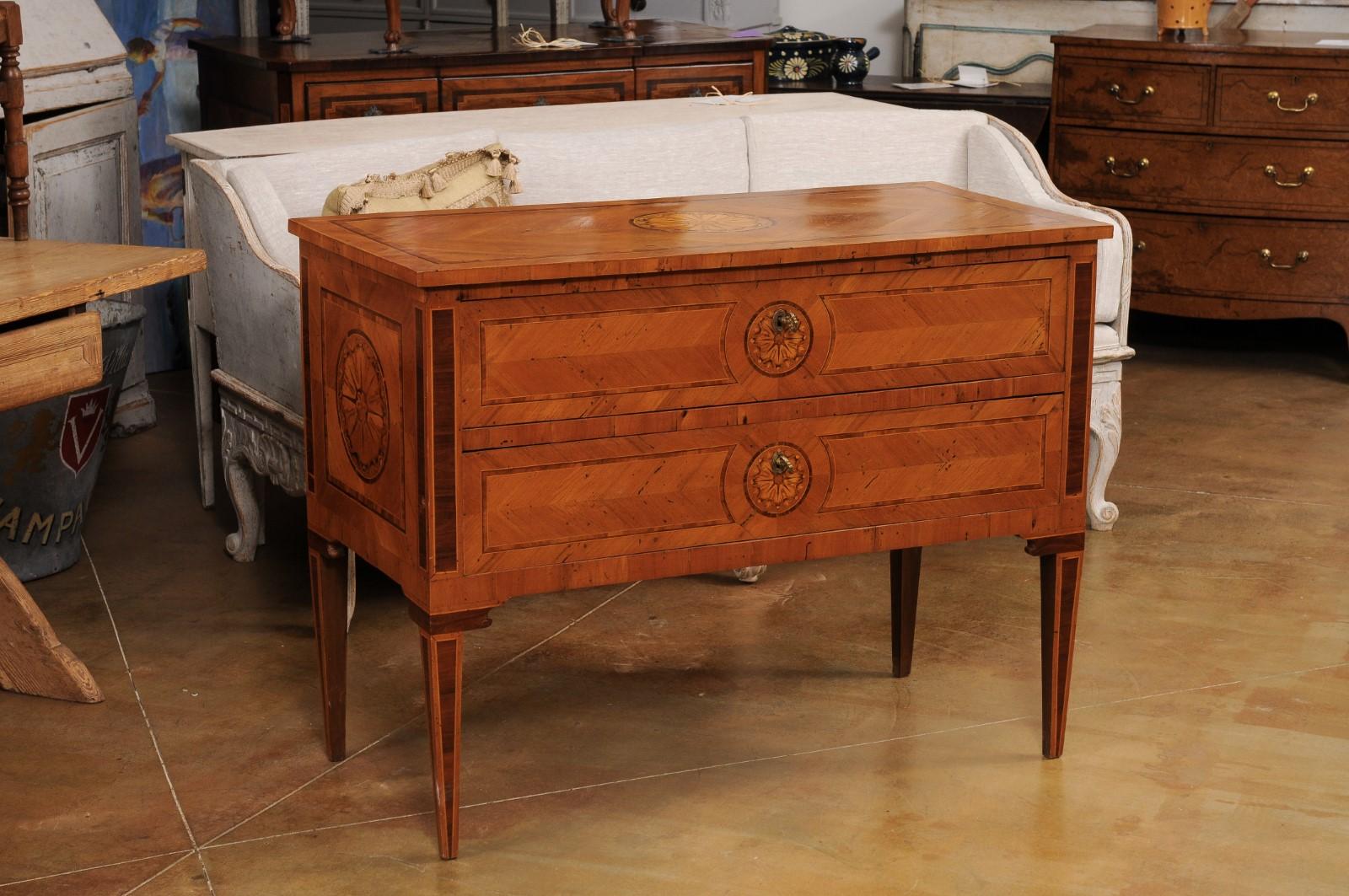 Italian Walnut and Mahogany Two-Drawer Commode with Marquetry, circa 1900 In Good Condition In Atlanta, GA