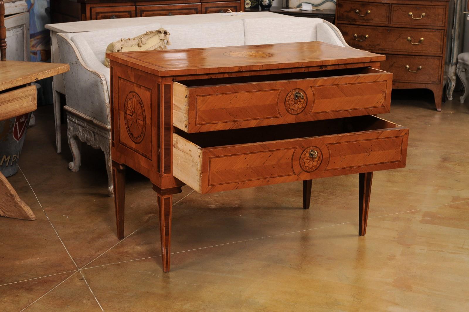 20th Century Italian Walnut and Mahogany Two-Drawer Commode with Marquetry, circa 1900