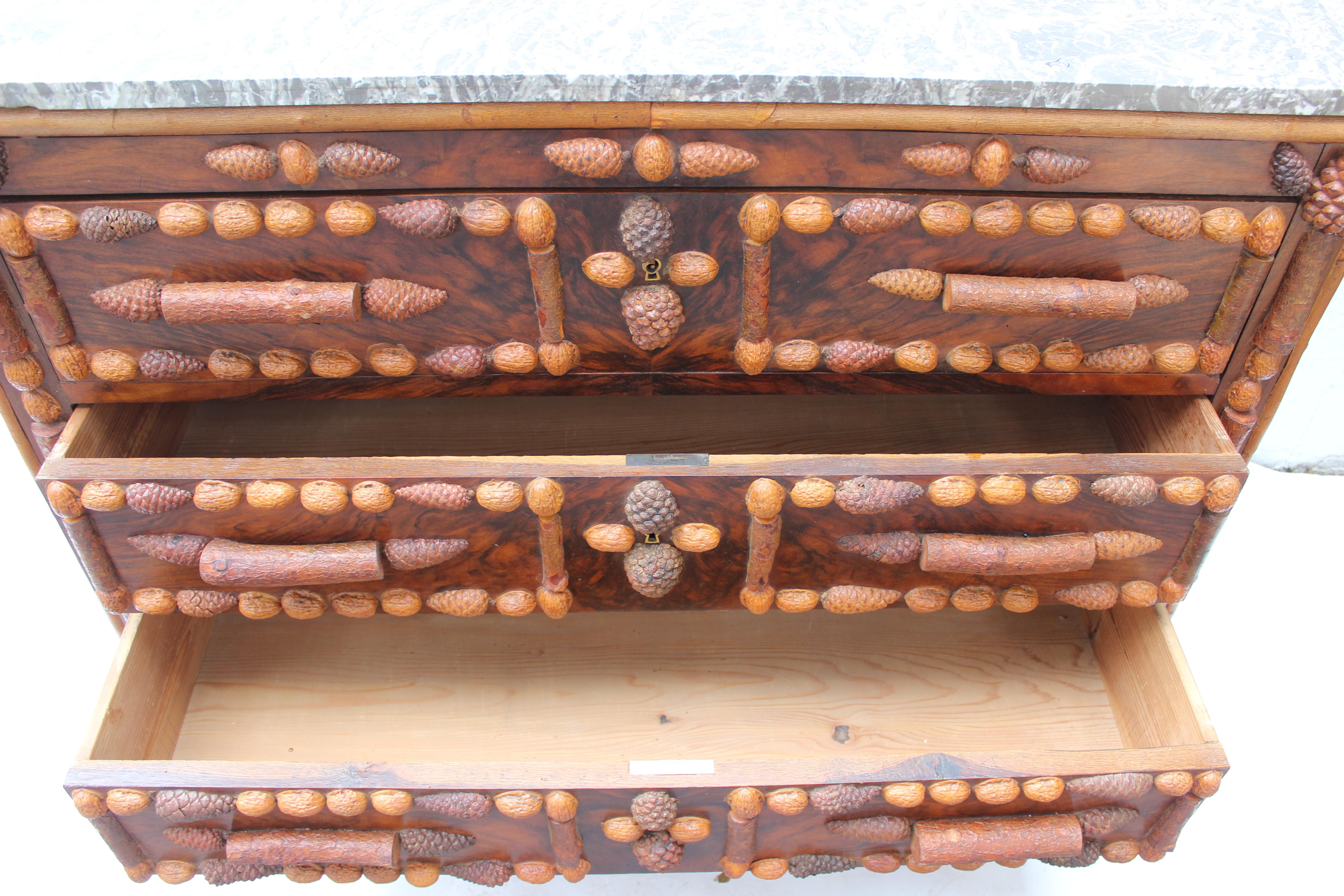 Italian Walnut and Pinecone Decorated Chest of Drawers with Marble Top 8