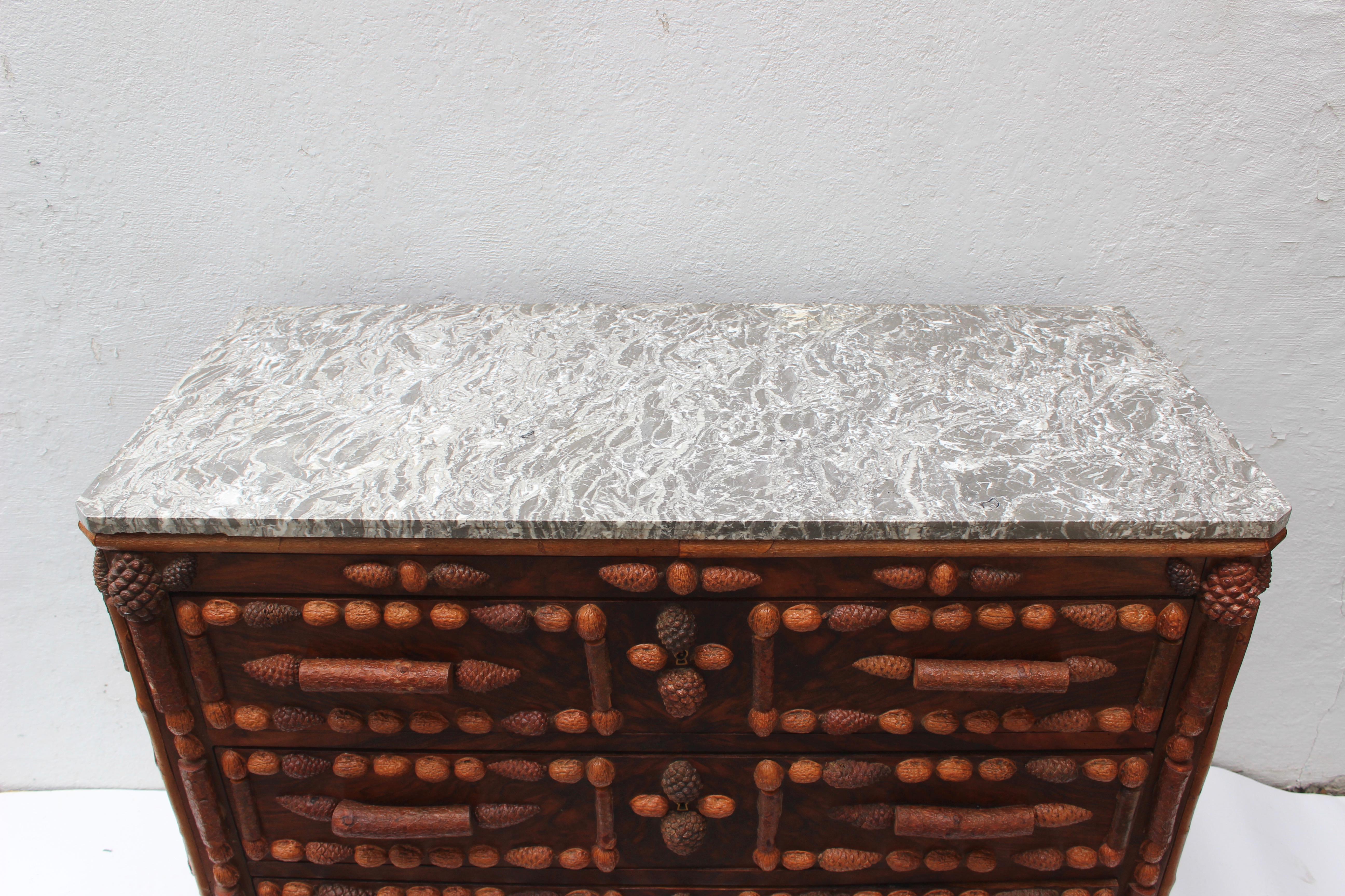 Italian Walnut and Pinecone Decorated Chest of Drawers with Marble Top 3