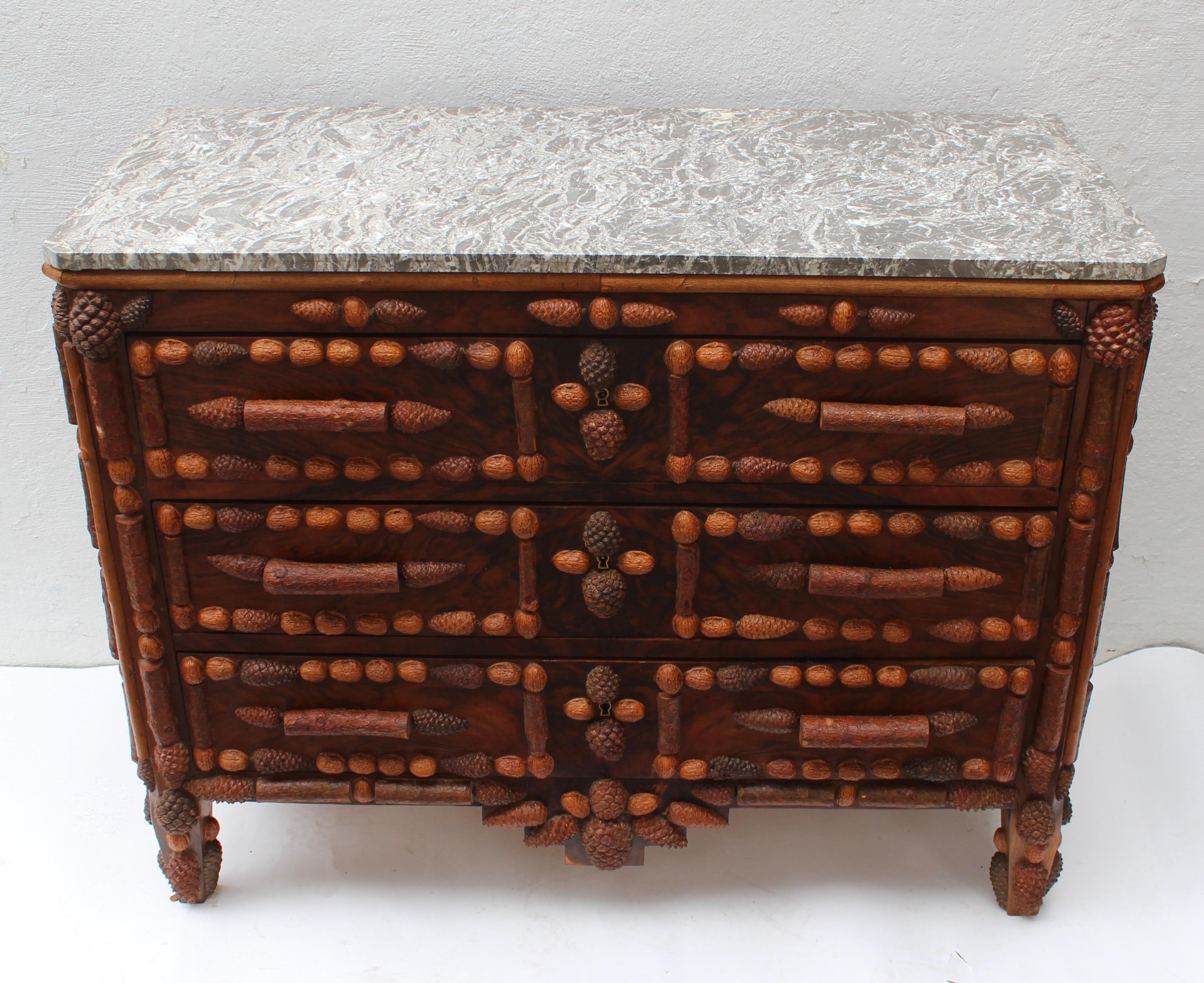 Italian Walnut and Pinecone Decorated Chest of Drawers with Marble Top 4
