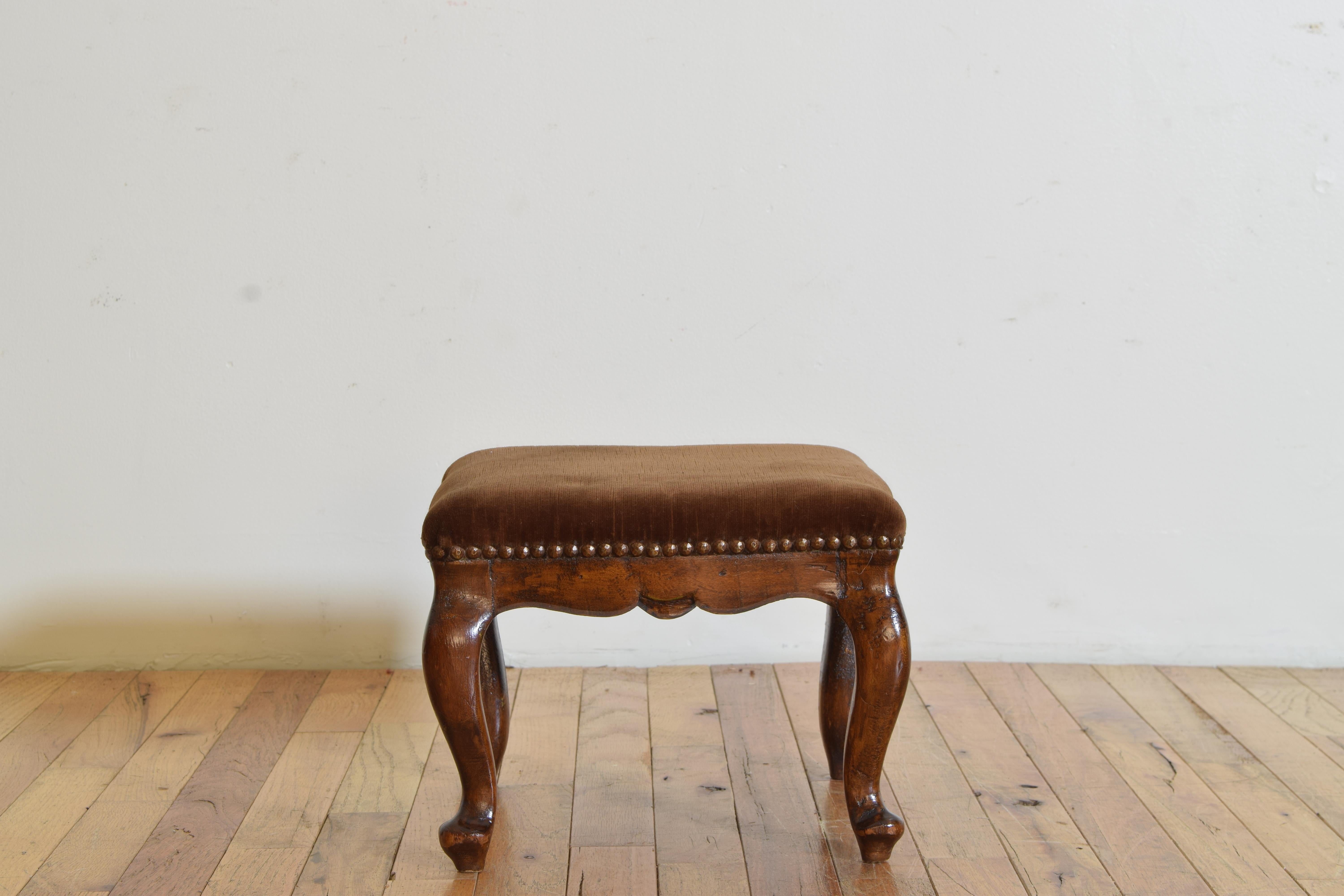 Mid-18th Century Italian Walnut and Upholstered Rococo Footstool, Mid 18th Century For Sale