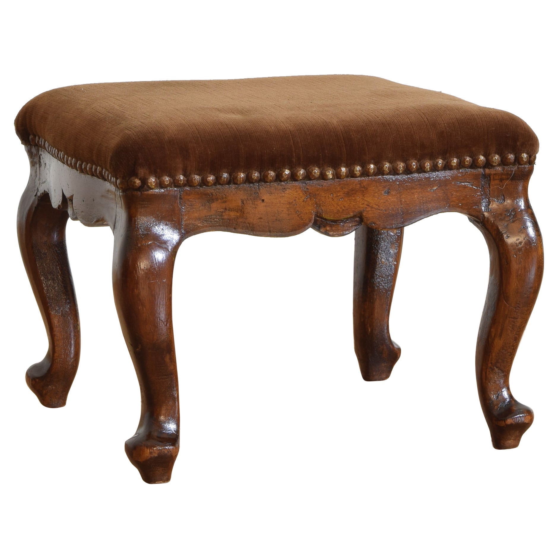 Italian Walnut and Upholstered Rococo Footstool, Mid 18th Century