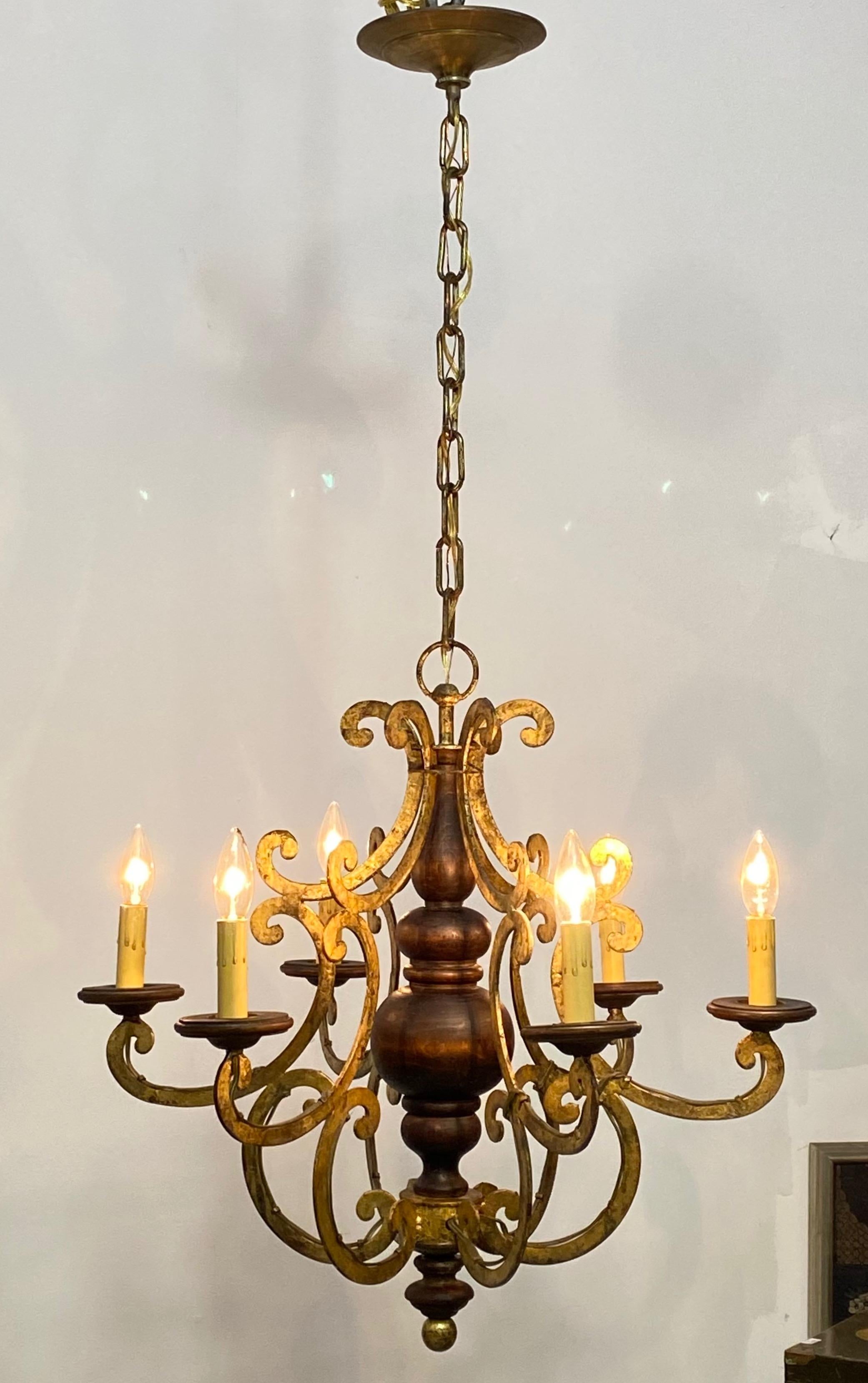 Italian Walnut and Wrought Iron Light Fixture, 1960's In Good Condition For Sale In San Francisco, CA