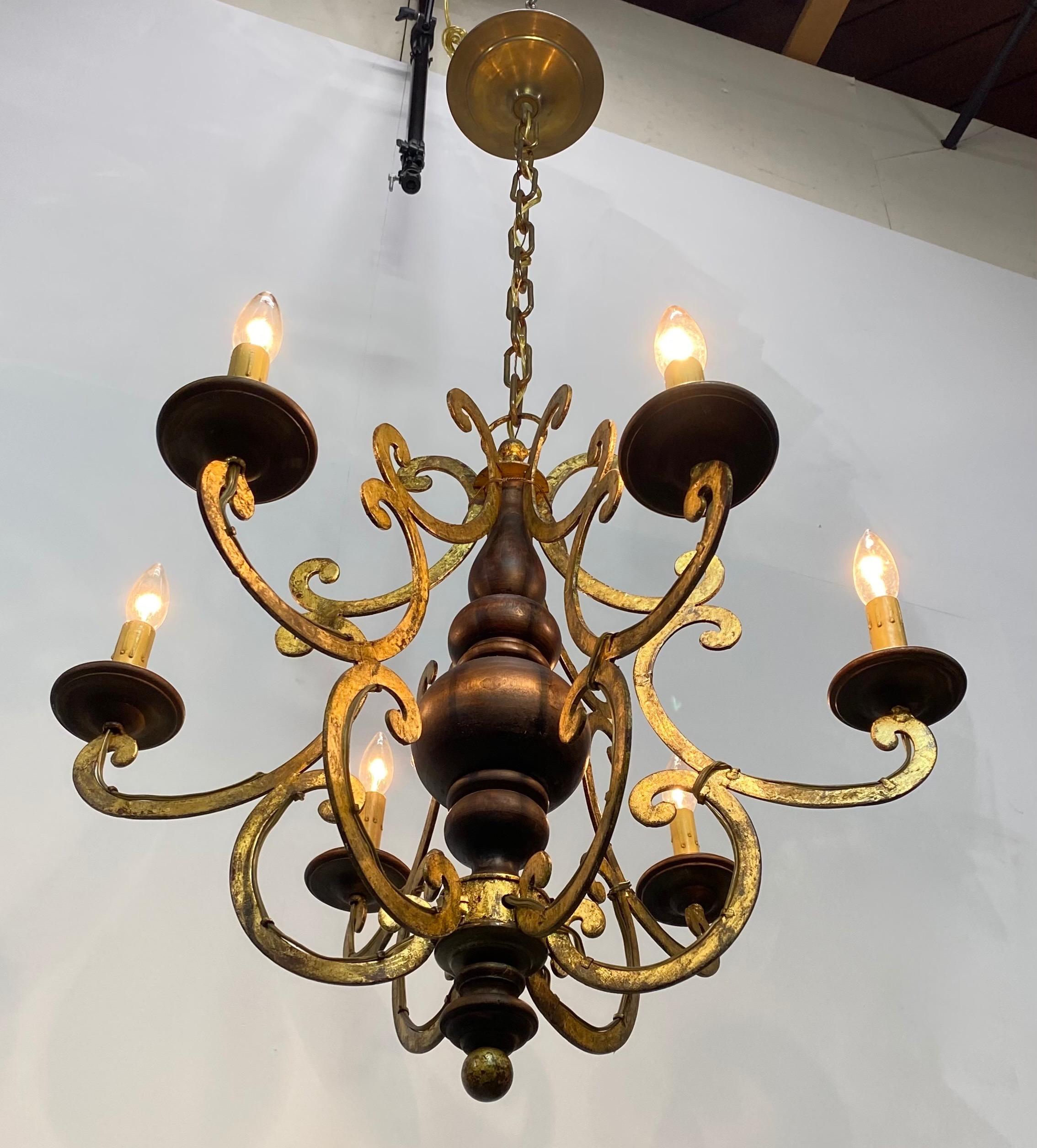 Italian Walnut and Wrought Iron Light Fixture, 1960's For Sale 1