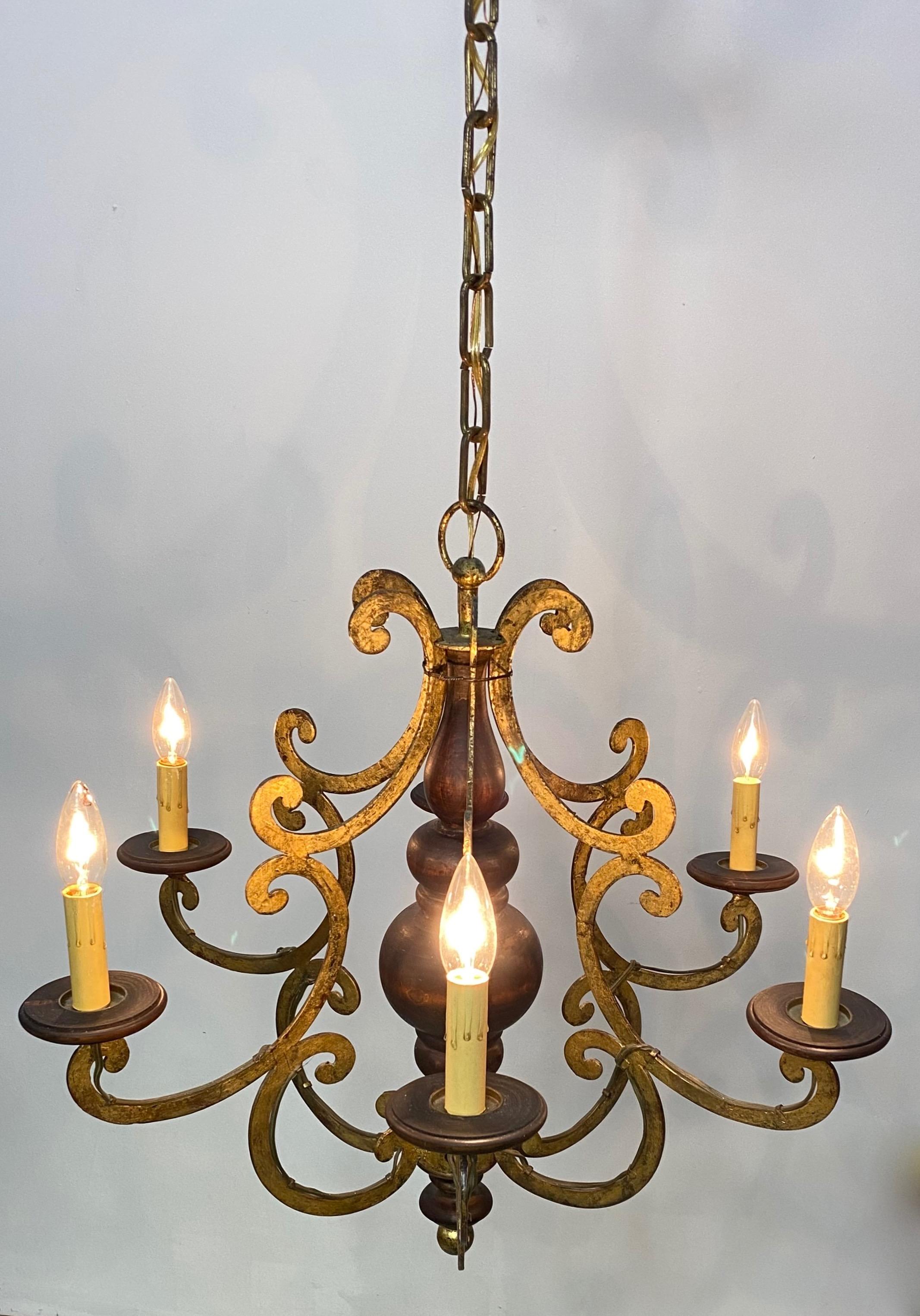 Italian Walnut and Wrought Iron Light Fixture, 1960's For Sale 2