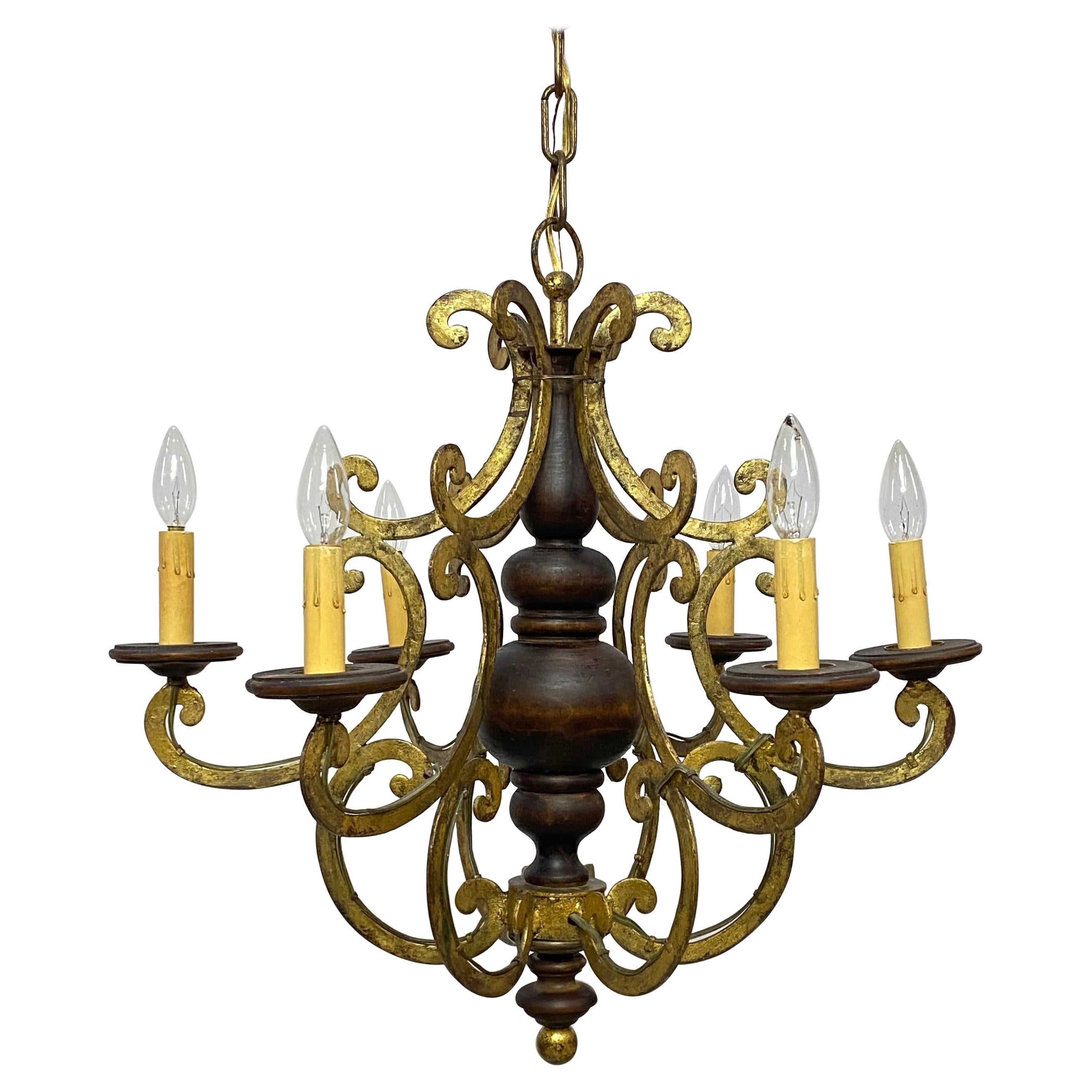 Italian Walnut and Wrought Iron Light Fixture, 1960's For Sale