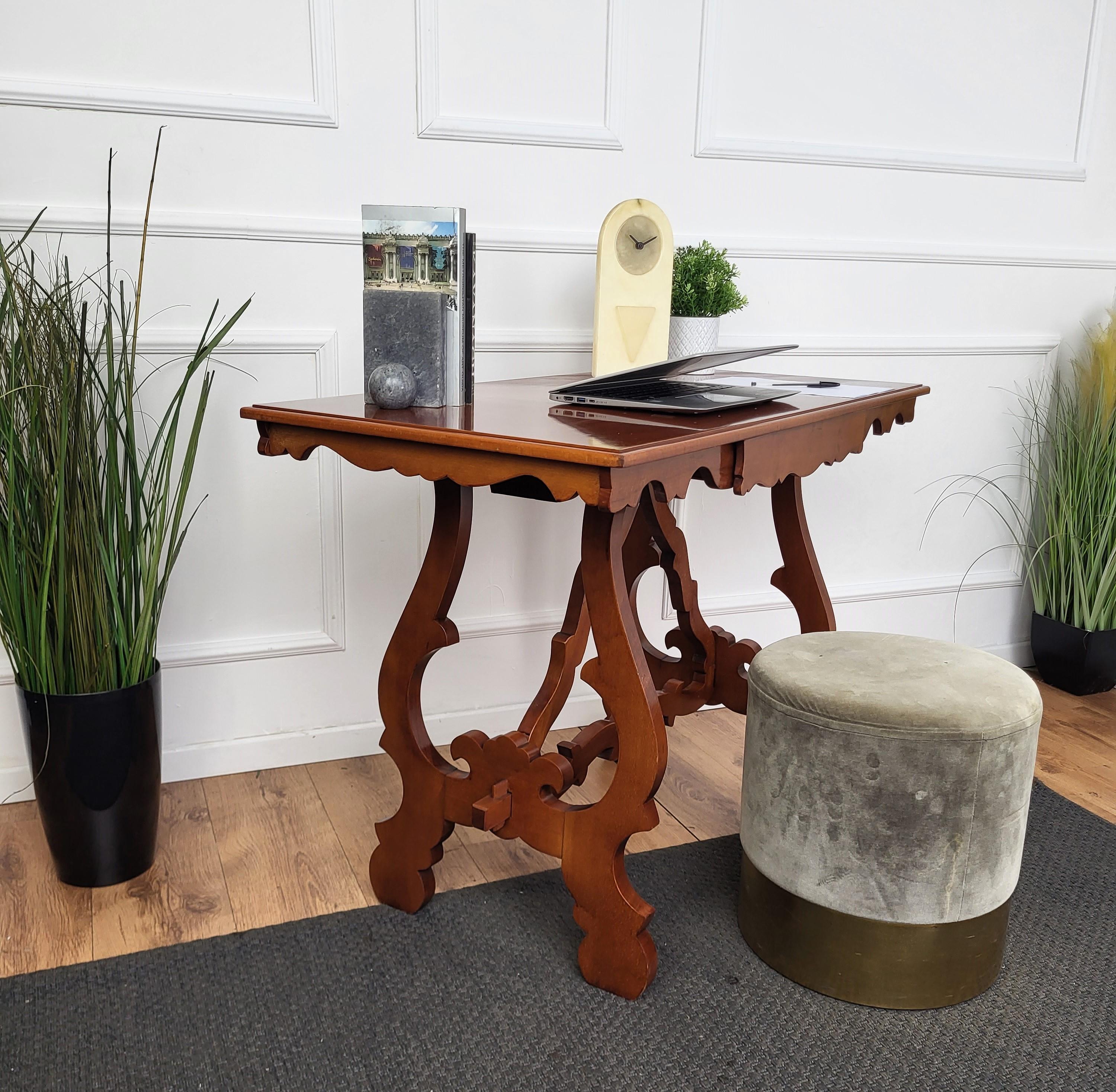 20th Century Italian Walnut Baroque Style Lyre-Leg Trestle Refectory Desk Writing Table For Sale