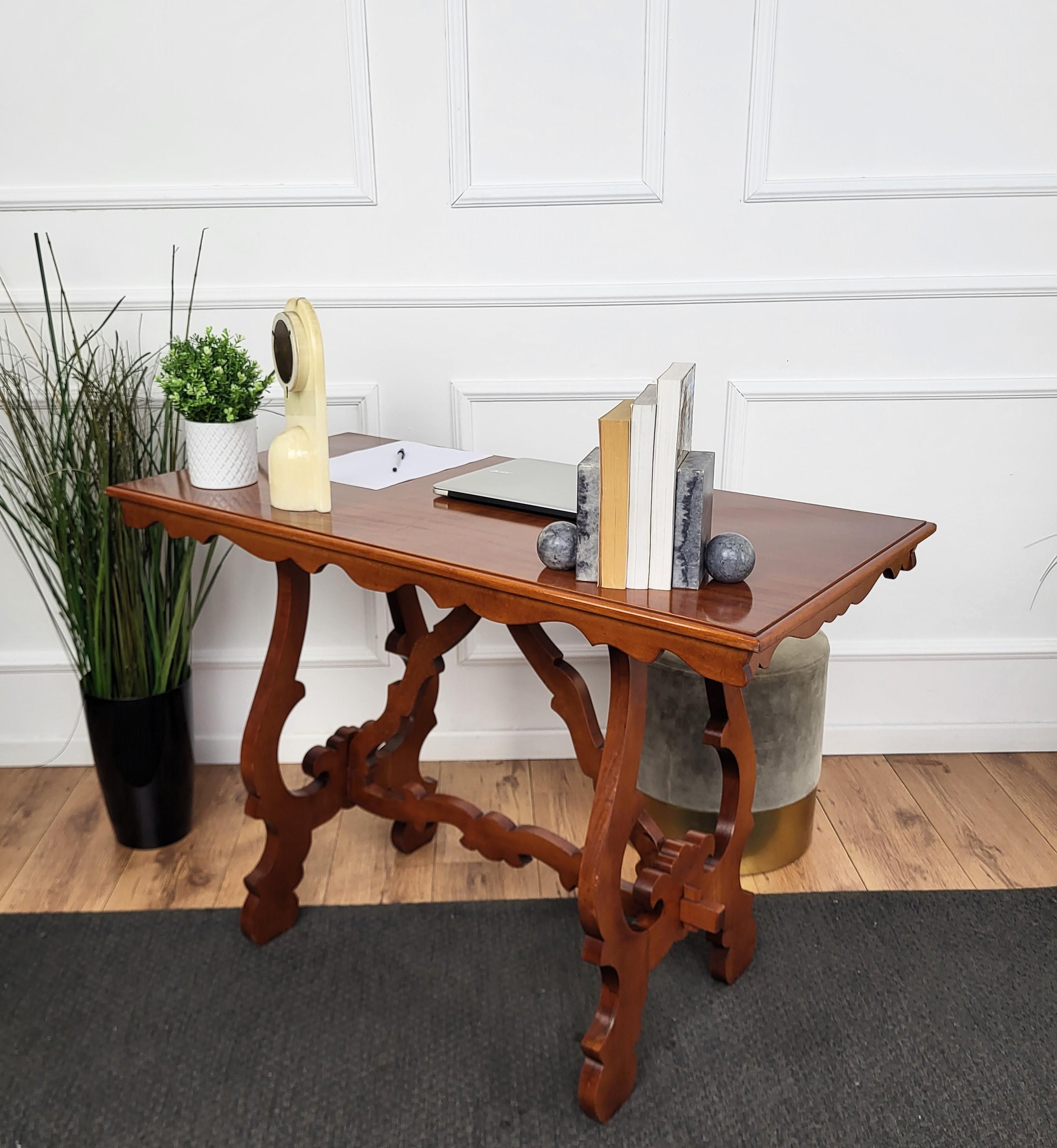 Wood Italian Walnut Baroque Style Lyre-Leg Trestle Refectory Desk Writing Table For Sale