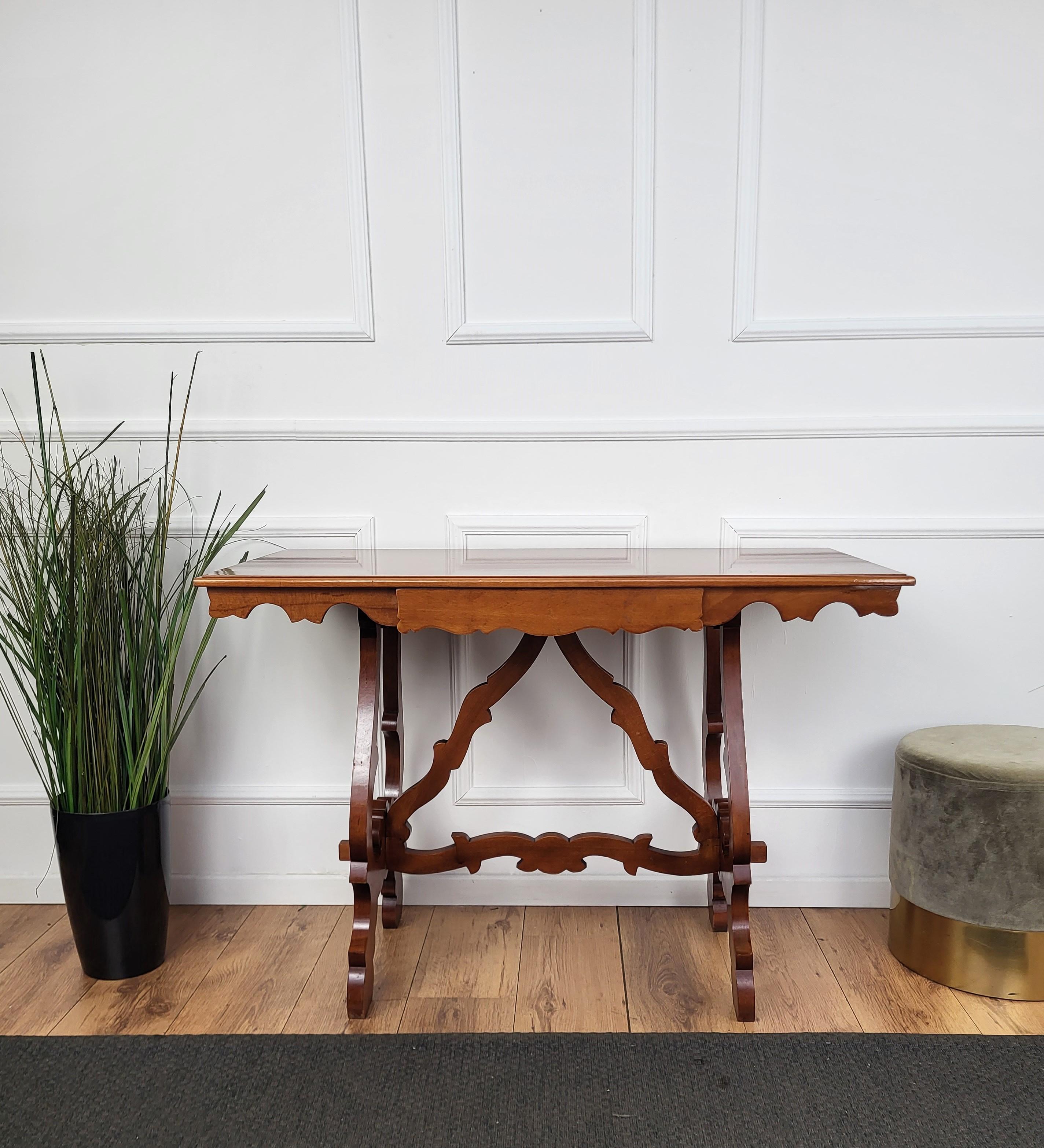 Italian Walnut Baroque Style Lyre-Leg Trestle Refectory Desk Writing Table For Sale 1