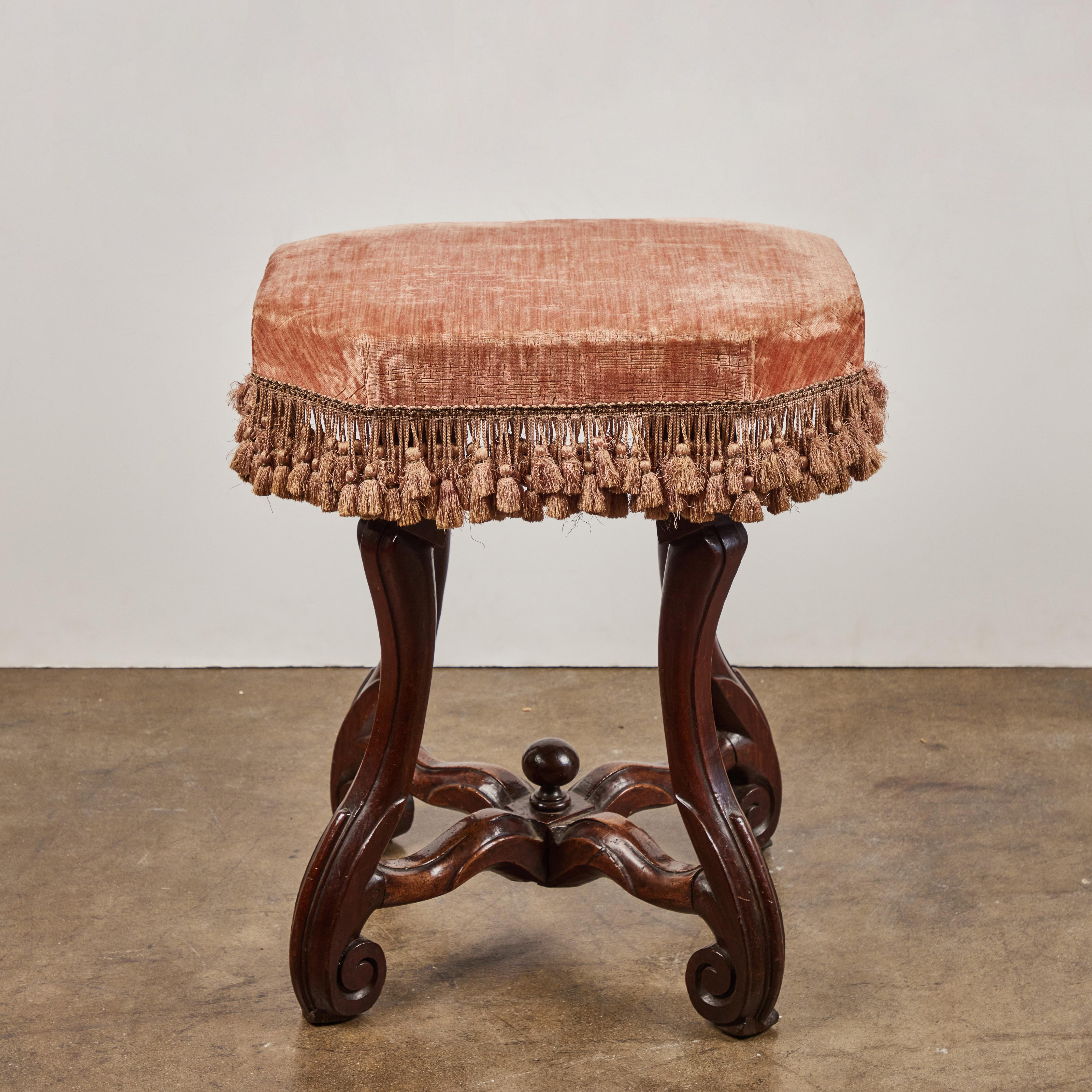 Baroque Italian Walnut Benches with Silk Velvet Fabric For Sale
