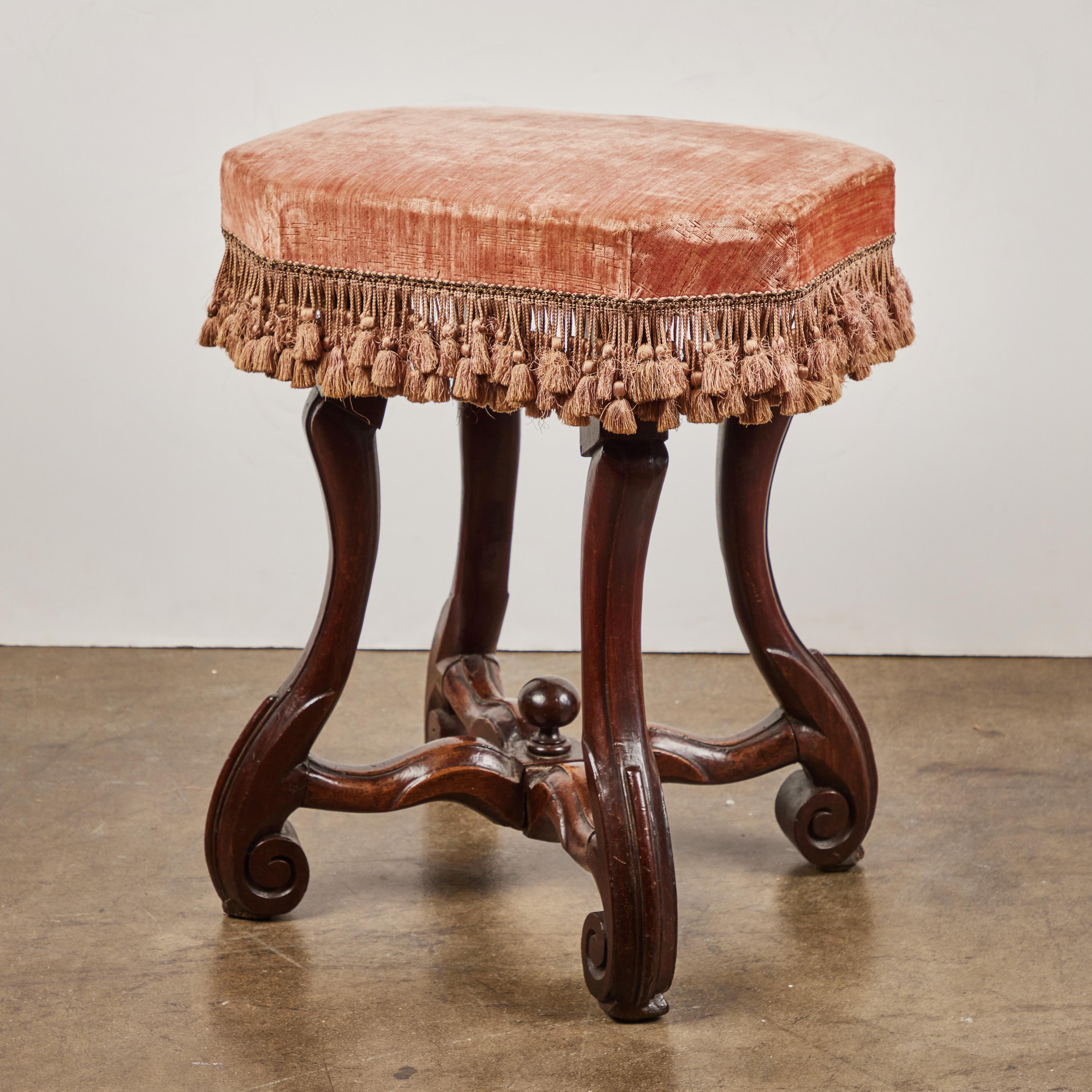 18th Century Italian Walnut Benches with Silk Velvet Fabric For Sale