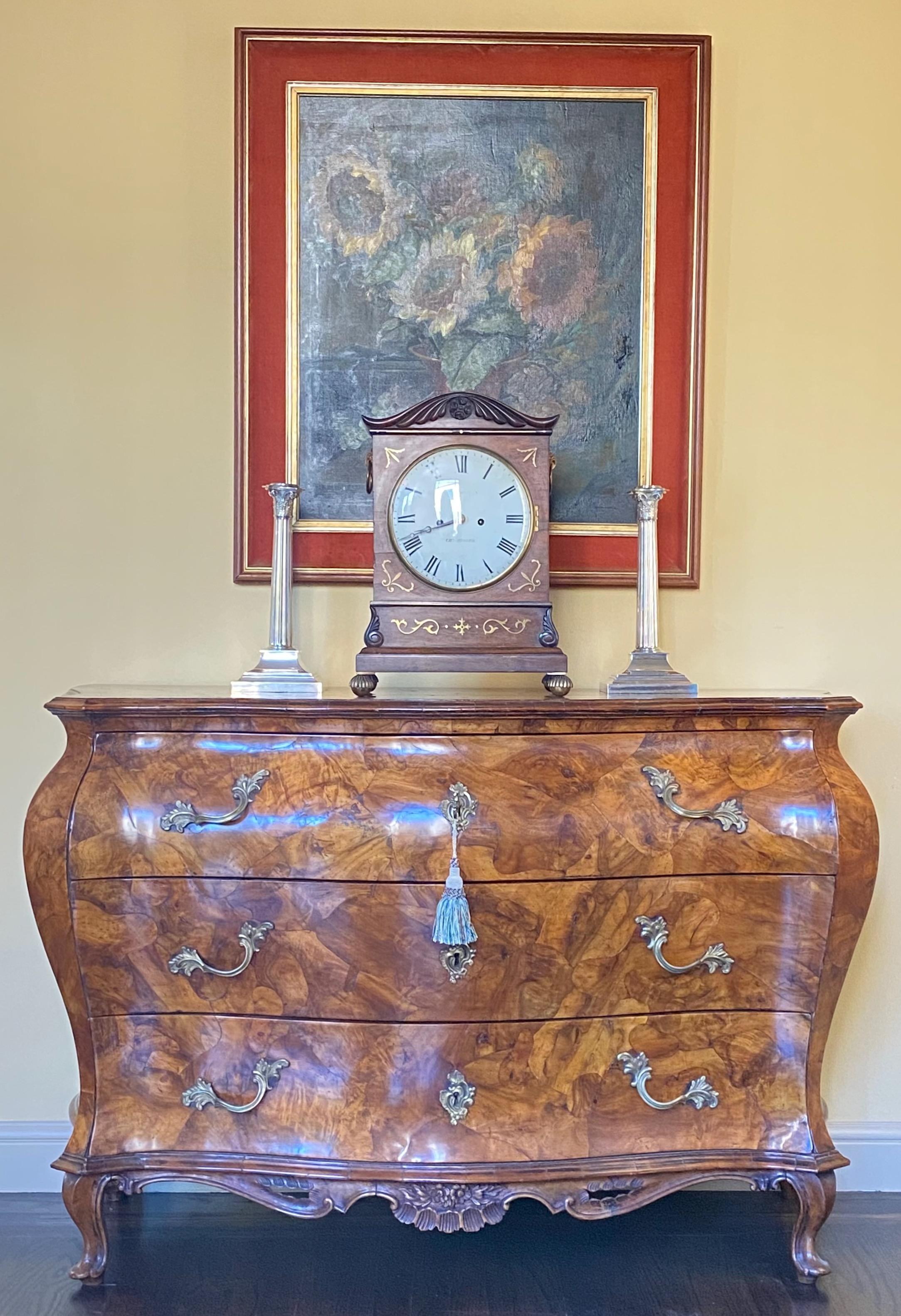 Patchwork Italian Baroque Walnut Bombe Three Drawer Commode, Early 19th Century For Sale